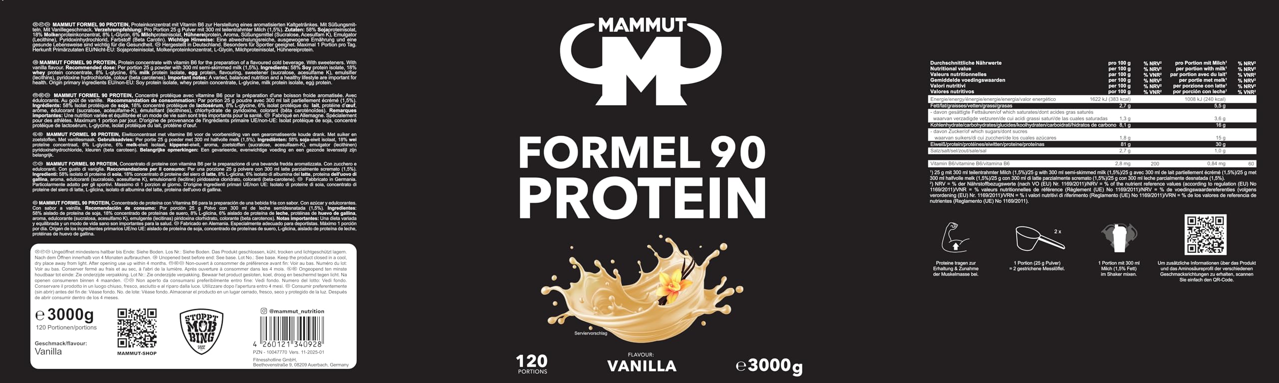 Mammut Nutrition – Protéines formule 90 Vanille 3 kg – Mélange 4 sources (whey, soja, lait, œuf) + vitamine B6 – 77 % protéines – Shake post-training ou collation riche en protéines
