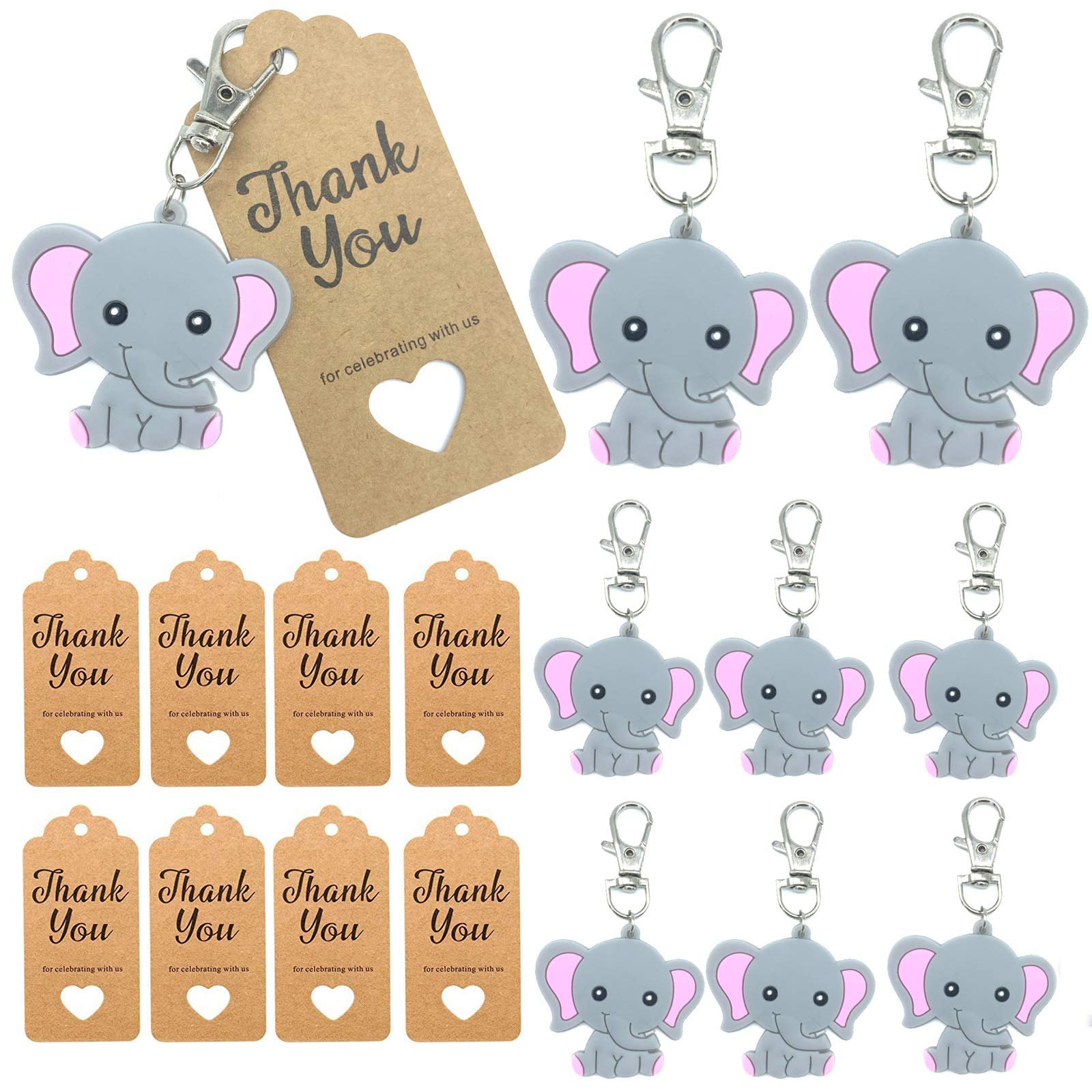 20 Pack Baby Shower Return Gifts for Guests, Pink Baby Elephant Keychains + Thank You Kraft Tags for Elephant Theme Party Favors, Baby Shower Favors for Girls, Birthday Party Supplies
