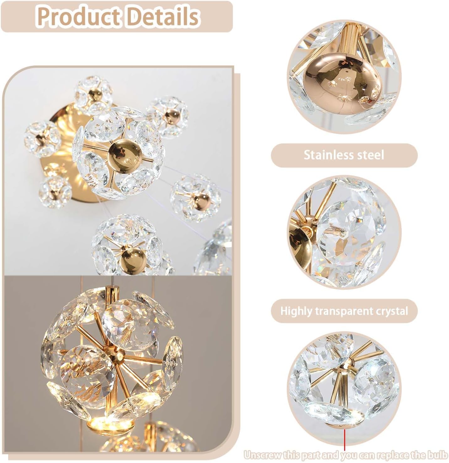 LED Staircase Chandelier Modern Crystal Globe Pendant Light Crystal Chandeliers for High Ceilings,Gold Hanging Lighting Fixture for Villas Foyer Hallway Entryway (6-Lights) Gold 6-Lights