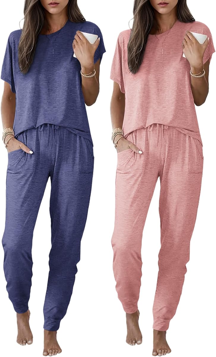 Ekouaer Paquete de 2 pijamas para mujer de manga corta con pantalones deportivos Pjs Lounge Set | Conjuntos de pijama con bolsillos, ropa de dormir cómoda para uso diario, dormir, hogar, deporte, entrenamiento