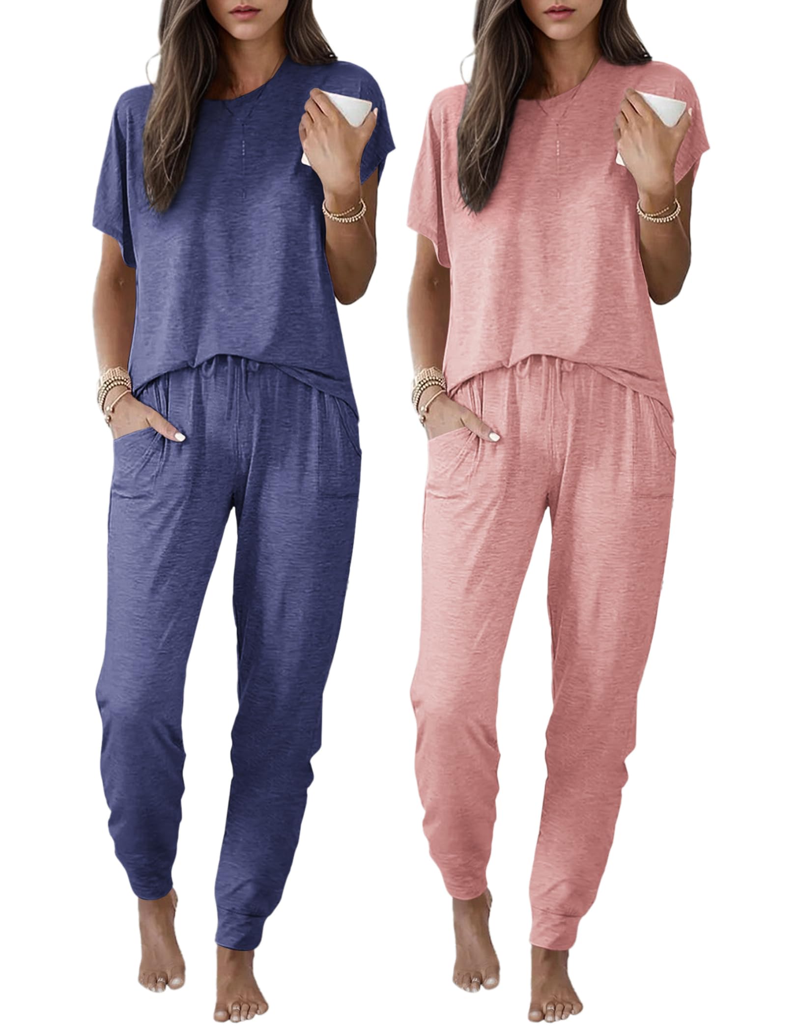 Ekouaer 2-Pack Pajama Sets Jogger Pants Pjs Short Sleeves Lounge Set