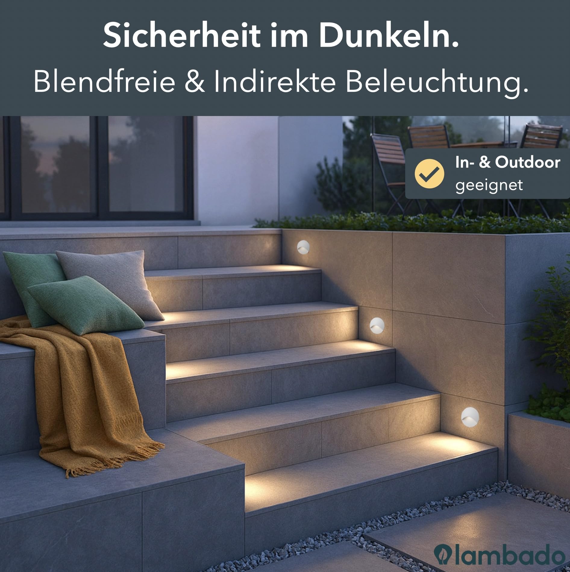 lambado® LED Treppenbeleuchtung für Innen & Aussen | IP65 Wasserschutz | 230V Unterputz Treppenlicht 3W Warmweiss | Wandeinbauleuchte für Treppen | Treppenstufenbeleuchtung
