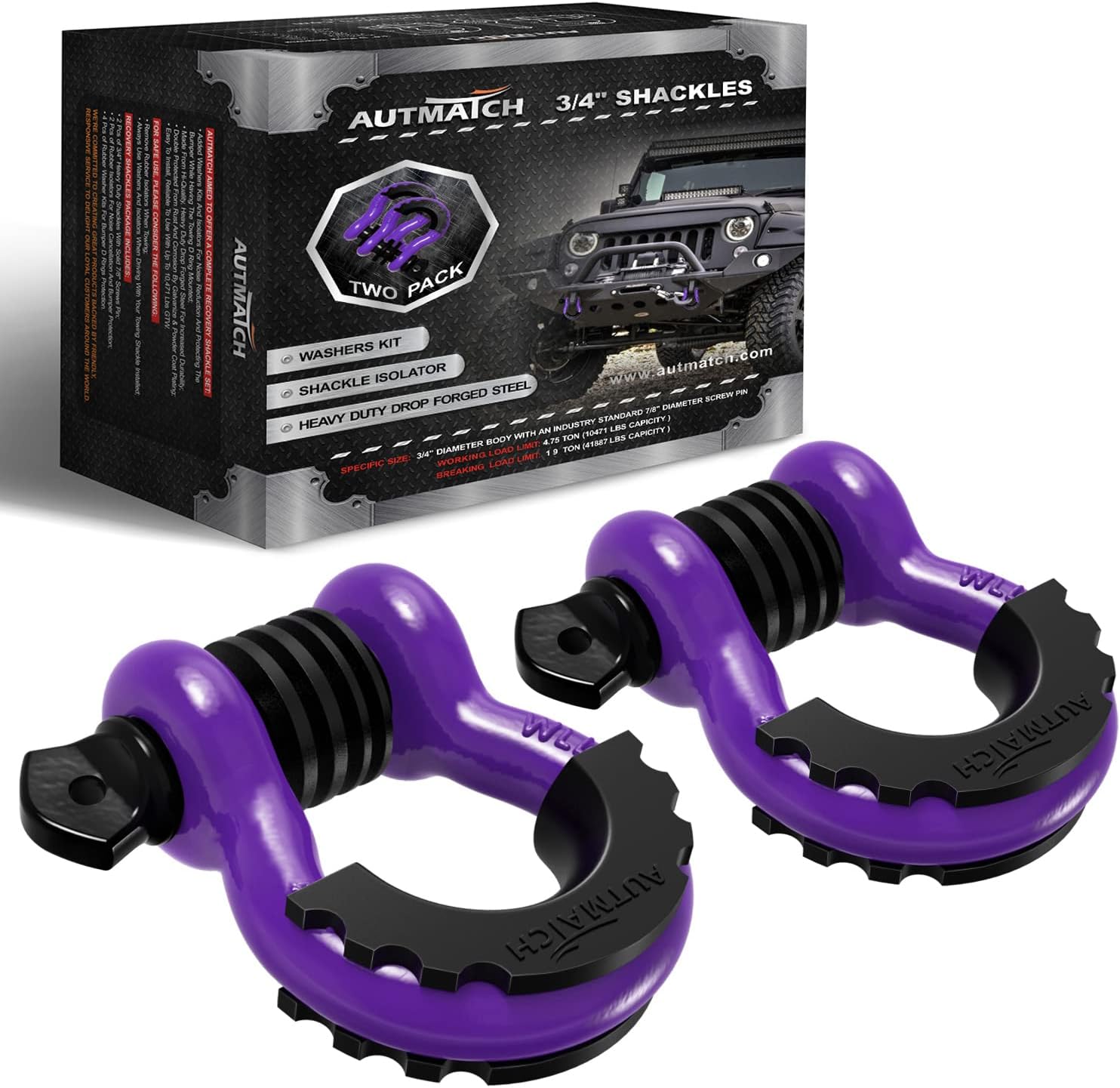 AUTMATCH D-Ring Shackle 3/4" (Set of 2) Approx 19 Ton Break Strength 7/8" Screw Pin Shackle Isolator with Washer Tow Strap Winch Off-Road Vehicle Recovery 3/4" Shackle Purple/Black