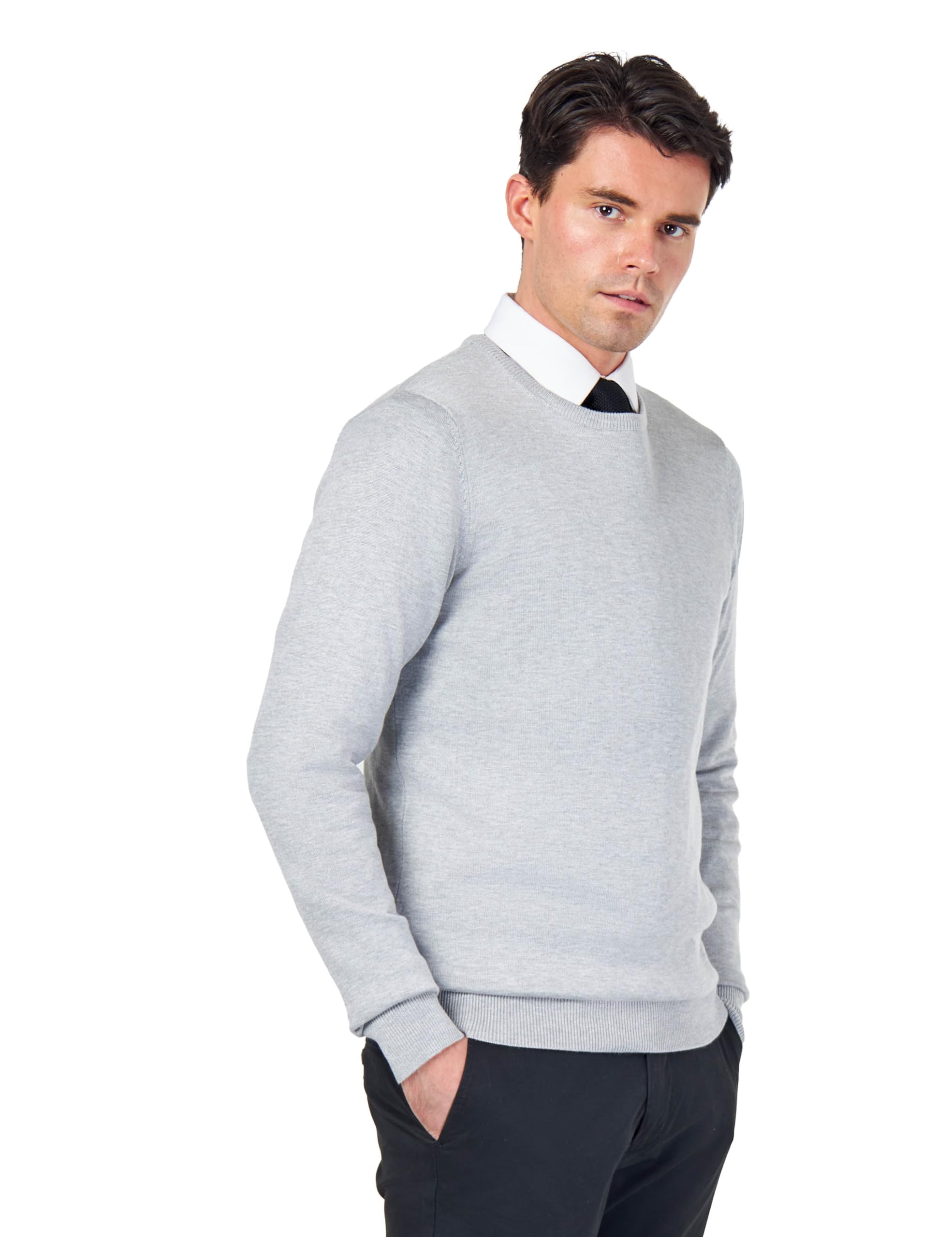 Mens Pure Cotton Light-Grey Round Crew Neck Jumper Classic Fine Knit Lightweight Pullover Sweater [JUMPER-CREW-NECK-542- Light-Grey-L]