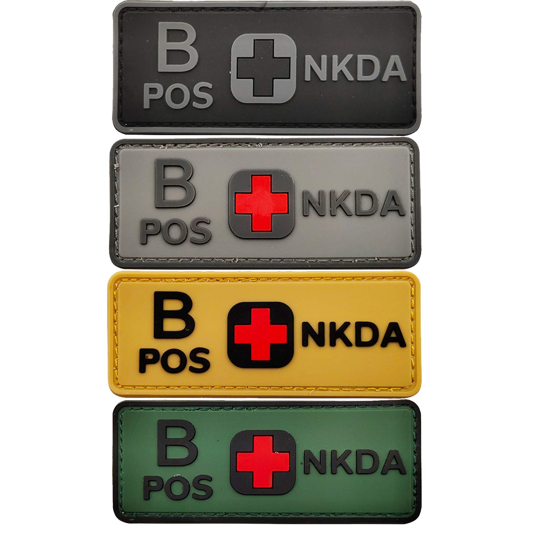 Tactical Blood Type B+ Positive POS PVC Rubber Patch, DIY Emblem Military Paramedic Medic Morale Patches Medical Armband Badges, Hook-Fastener Backing, 3.94 x 1.57 Inch, Bundle 4 Pieces