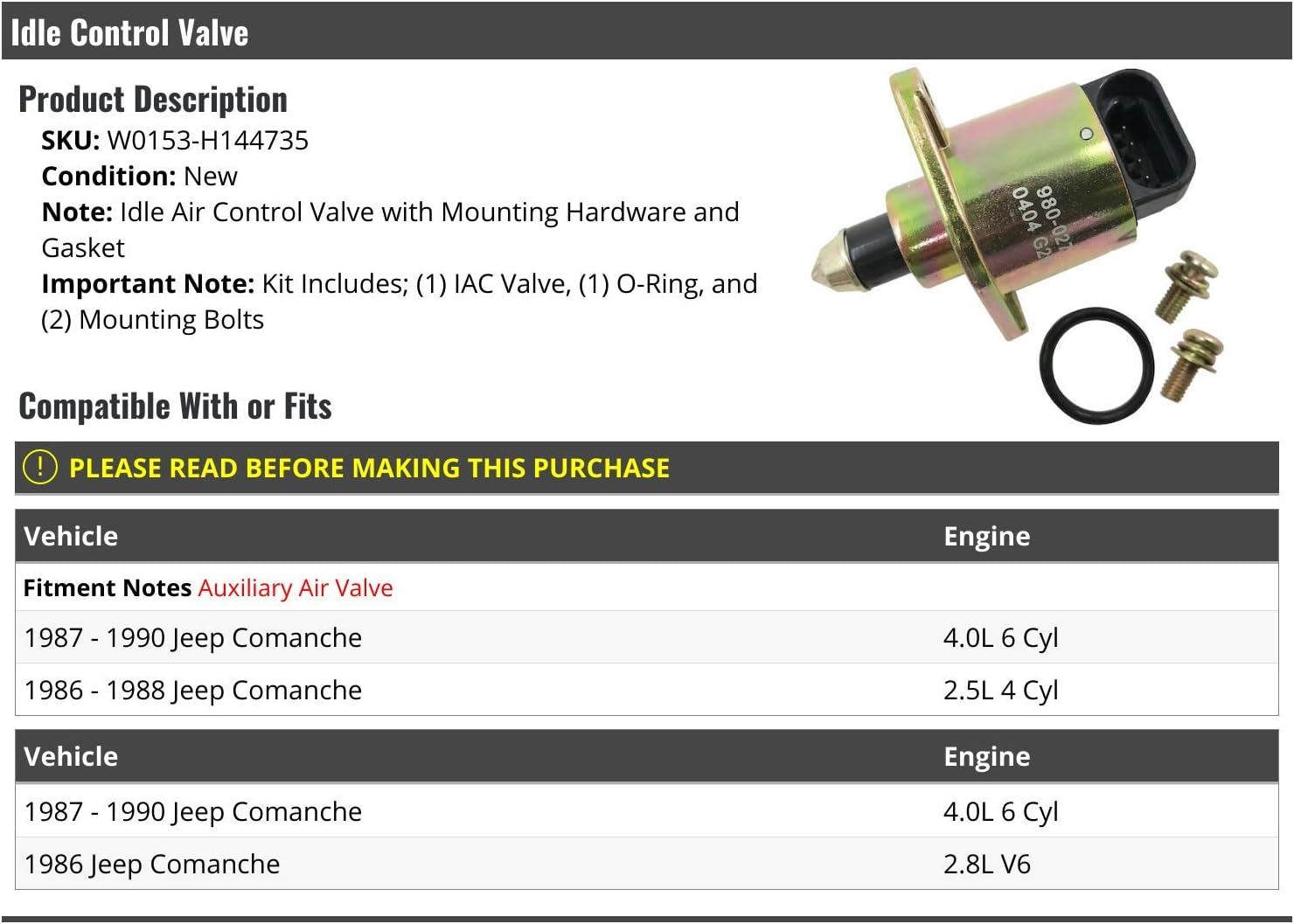 Marketplace Auto Parts Idle Control Valve - Compatible with 1986-1990 Jeep Comanche