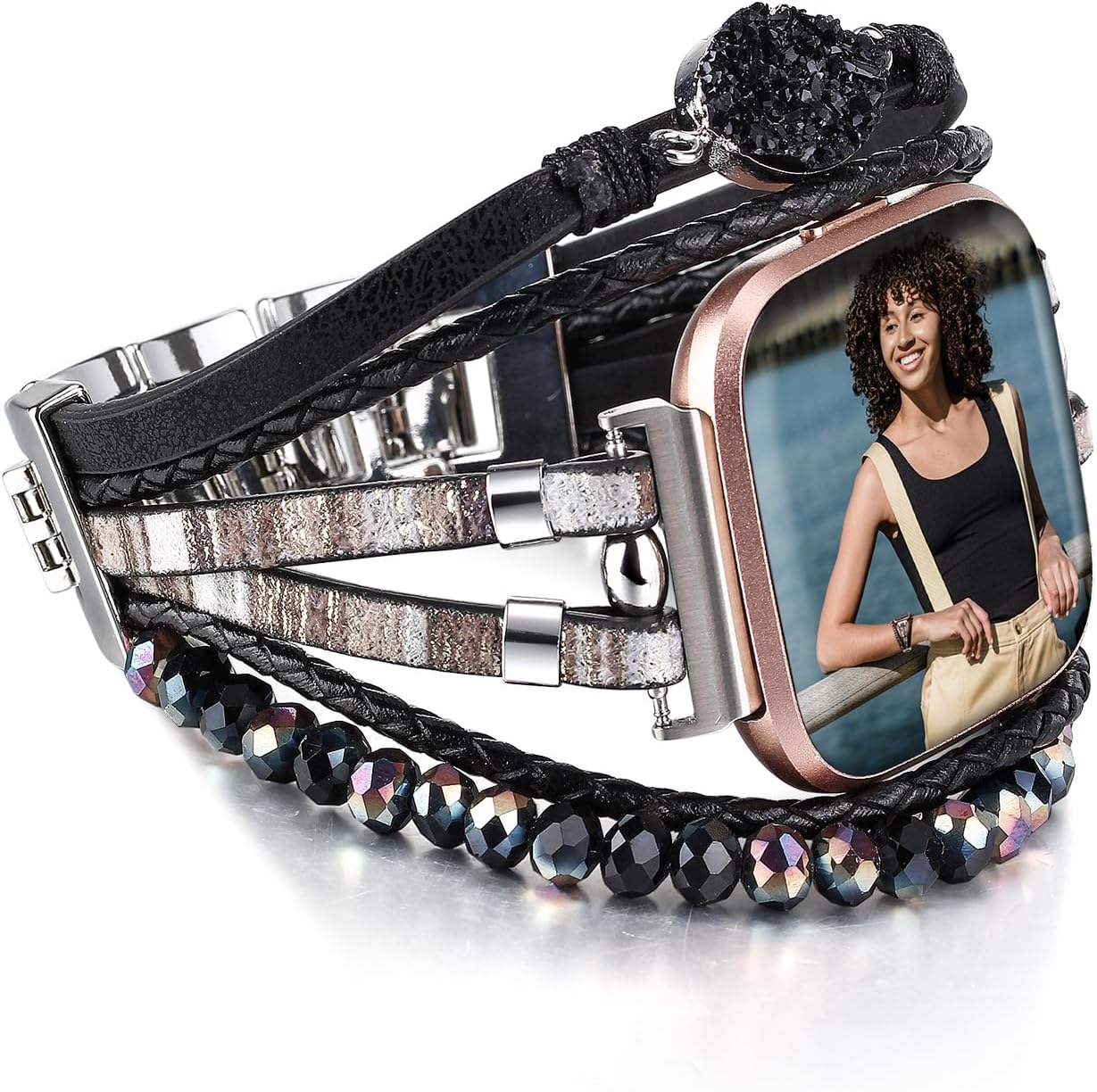 Pulsera de Cuero con Cuentas Compatible con Fitbit Versa 4