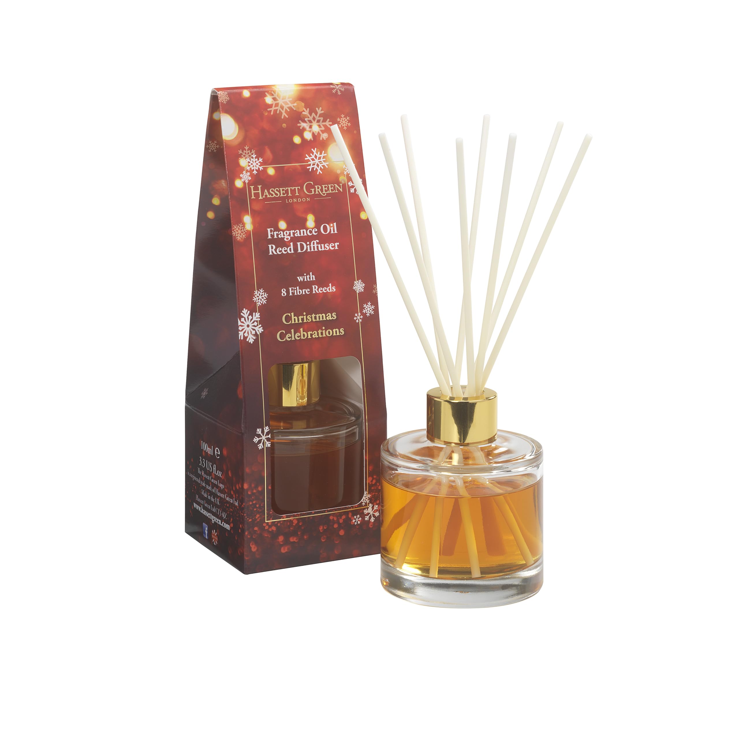 Hassett Green London - Christmas Celebrations - Fragrance Oil Reed Diffuser - 100ml Glass Bottle with 8 Fibre Reeds