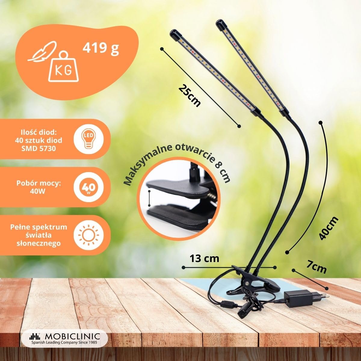 Mobiclinic®, Lampa roślinna led, Growflex x2, 3 tryby, 6000k, 10 poziomów jasności, 2 głowice, Pełne spektrum, Wyłącznik czasowy, Obrót 360°, 40w, Elastyczny, Rośliny domowe, Usb