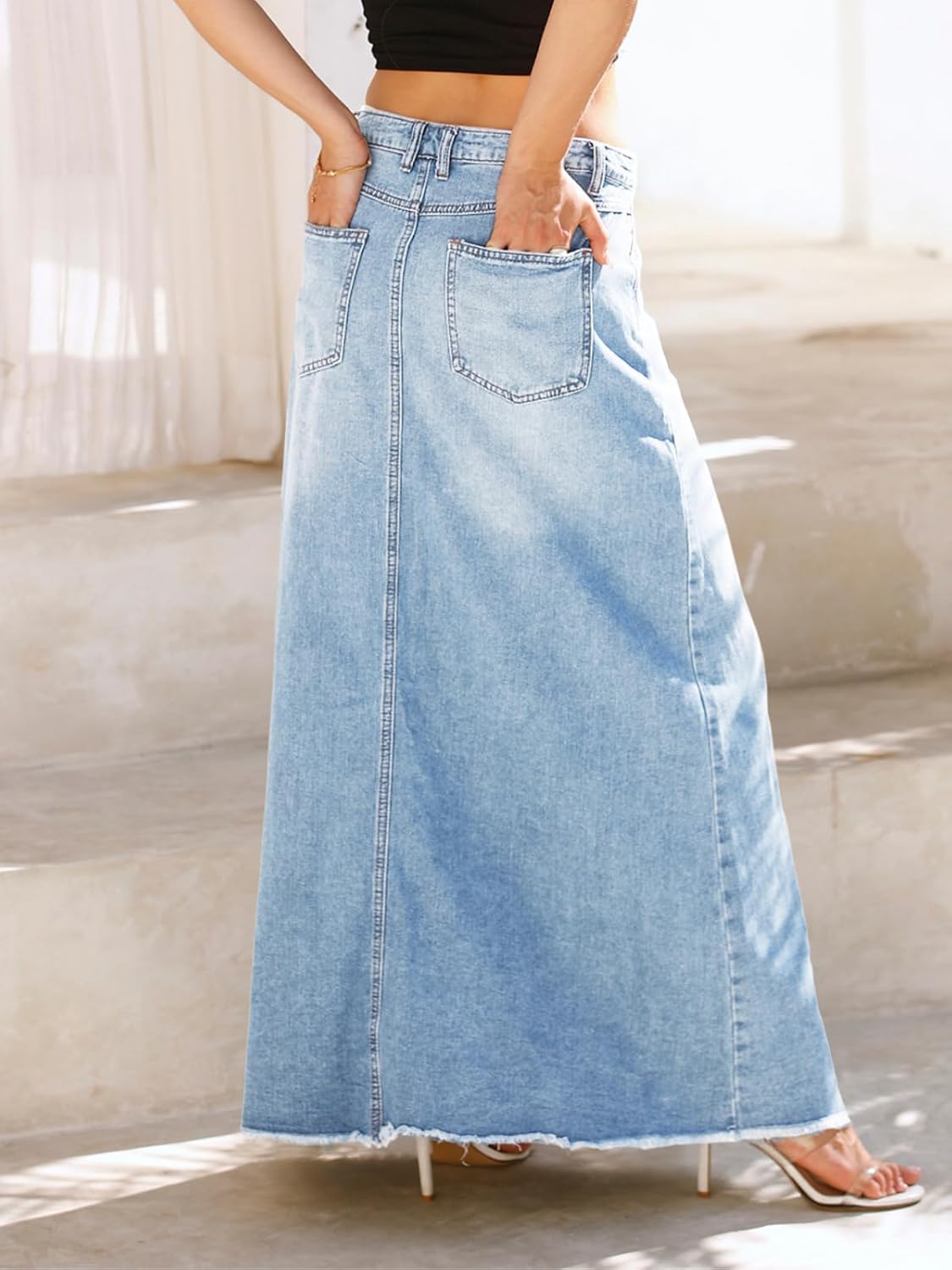 Fisoew Women's Vintage Denim Maxi Skirt Casual High Waist A-Line Frayed Hem Long Jean Skirt with Pockets - Image 4