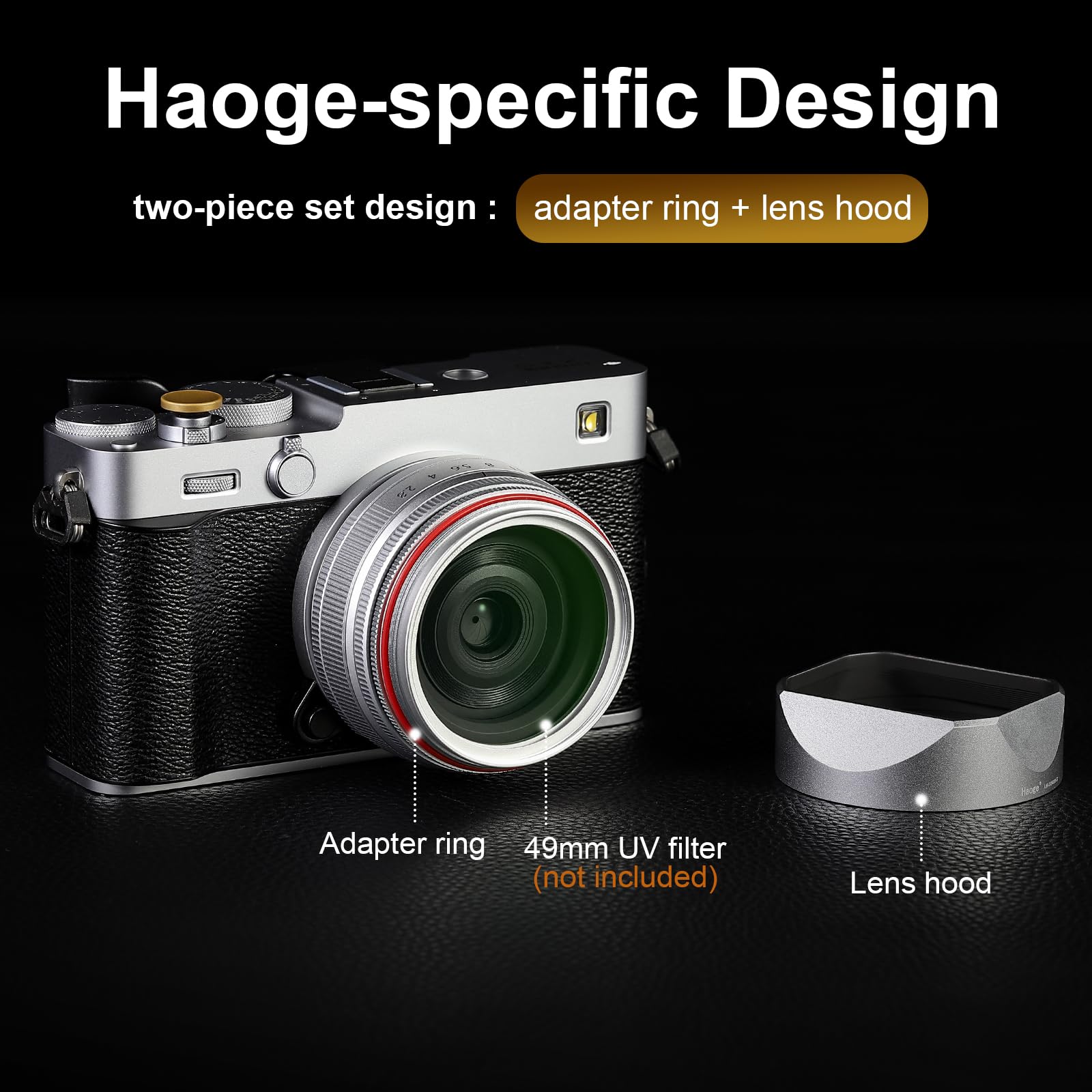 Haoge Metall Squaret - Parasol de objetivo para Fujifilm XF23 mm F2.8 en XE5 cámara Body kit XF27mmF2.8 R WR Objektive 39 mm Schraubbar Hood Silver,with Metallldeckel