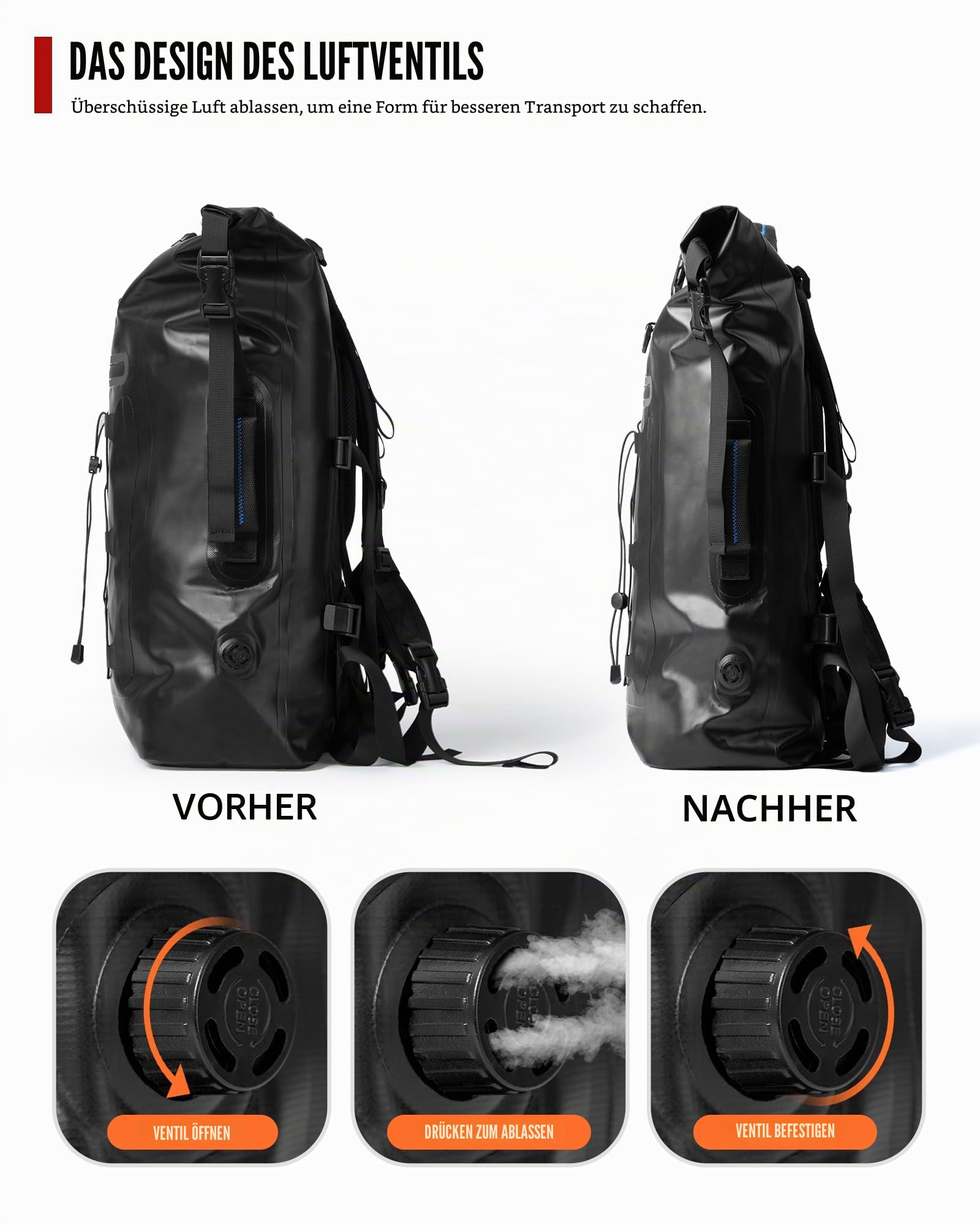 Grapelet Motorrad Rucksack，Wasserdicht Motorrad Rucksack 40L，Motorradrucksäcke für Herren，Rolltop Rucksack mit abnehmbaren Schultergurten PVC500D schwarz Dry Bag mit Seitentasche