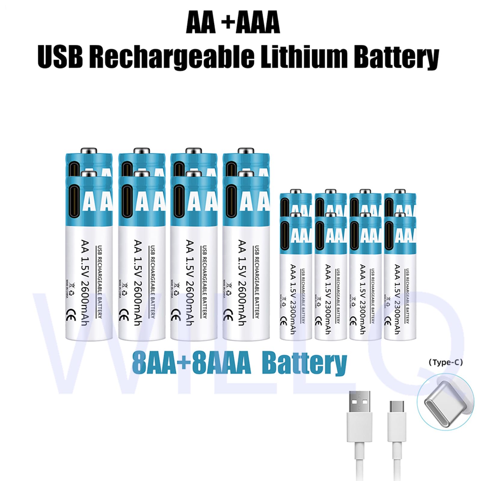 Baterías Recargables AA+AAA 1,5 V 2600 mAh + 2300 mAh batería de Iones de Litio de Alto Rendimiento Carga rápida USB-C (con Cable) para Juguetes/teclados,2600mah+2300mah,8pcs