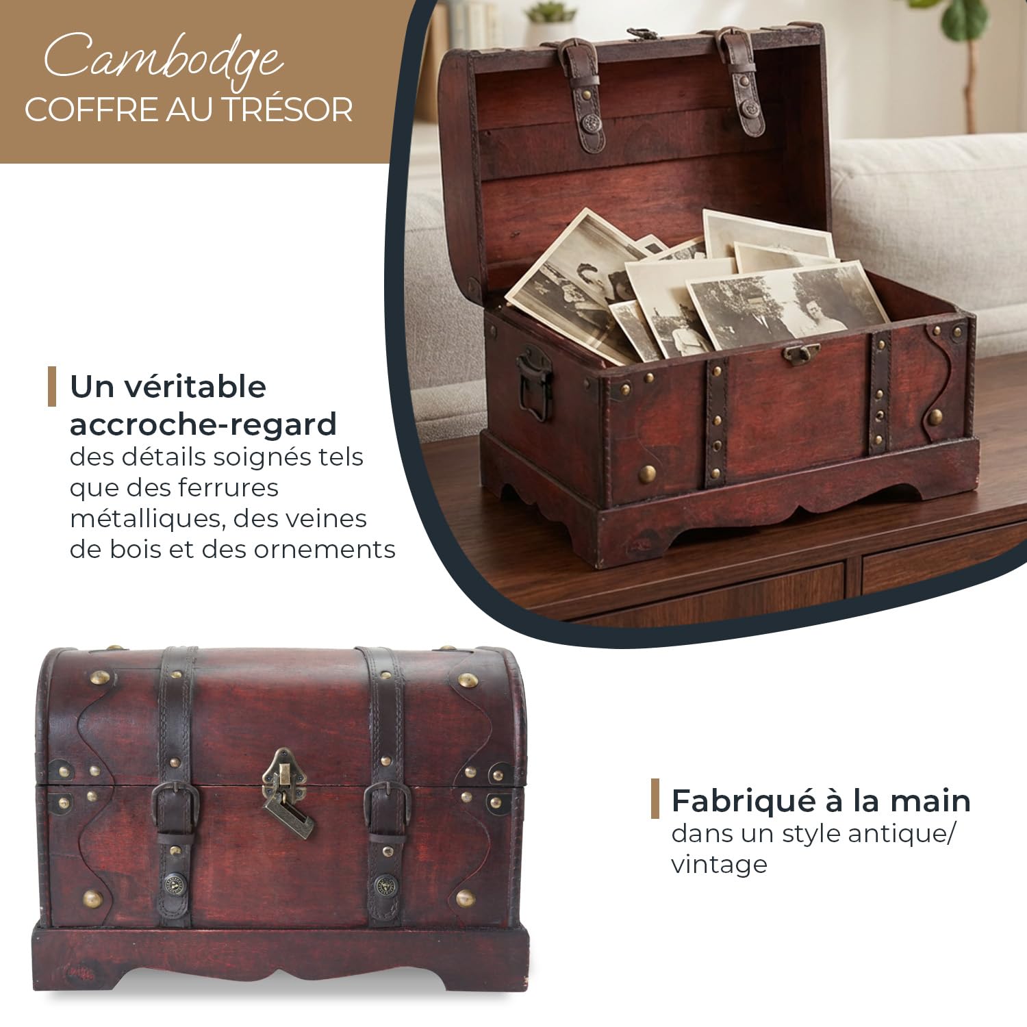 HMF Coffre au trésor en bois, grand coffre au trésor avec serrure décorative pour anniversaire d’enfant | 40 x 23 x 27 cm | Cambodge