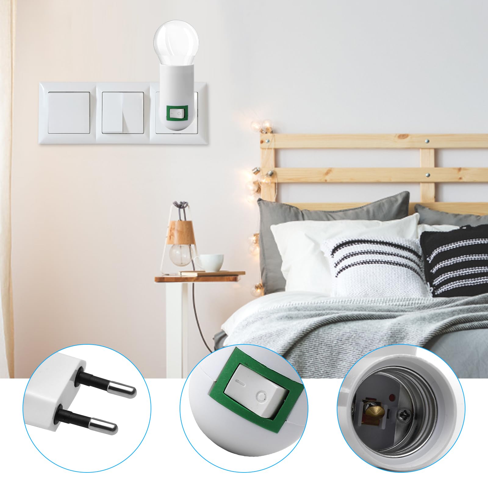 HENGBIRD 2 sztuki oprawek E27 do lampy 360° regulowana oprawa lampy z przełącznikiem, wtyczka EU, gniazdo wtykowe do żarówki, lampy ściennej, adapter cokołowy, lampa kuchenna, konwerter