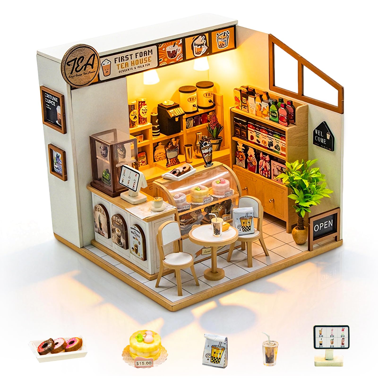 Cuteefun Kit de Maison de Poupée Miniature avec LED, Objet Décoratif & DIY Artisanal Créatif, Adapté aux Adultes et aux Adolescents, Cadeau de Noël, Halloween, d'anniversaire (Bubble Tea)