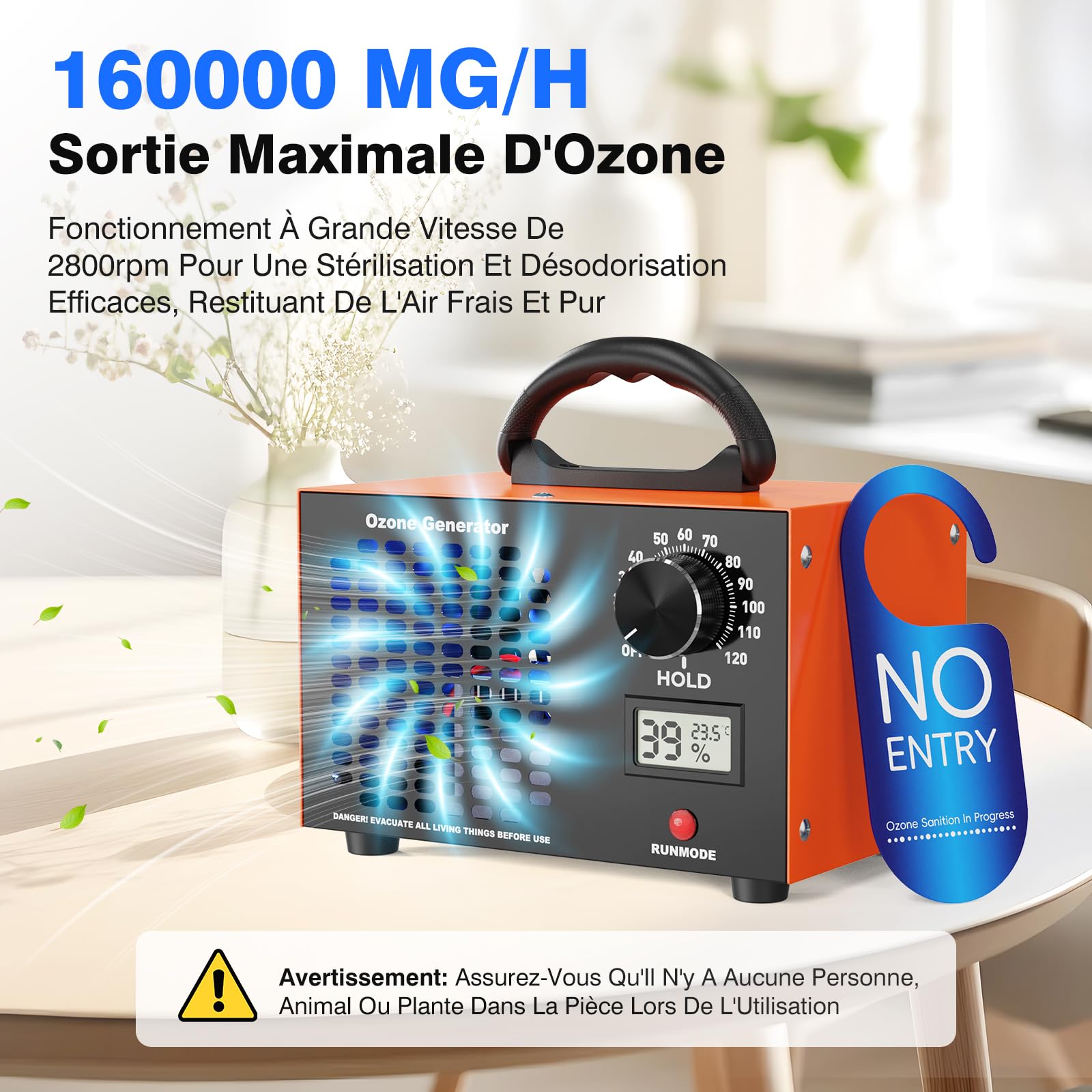 Générateur d'ozone 160 000 mg/g - Purificateur d'air 2 en 1, appareil à ozone avec indicateur de température et d'humidité, minuterie de 120 minutes, ozoniseur industriel O3 pour voiture, appartement