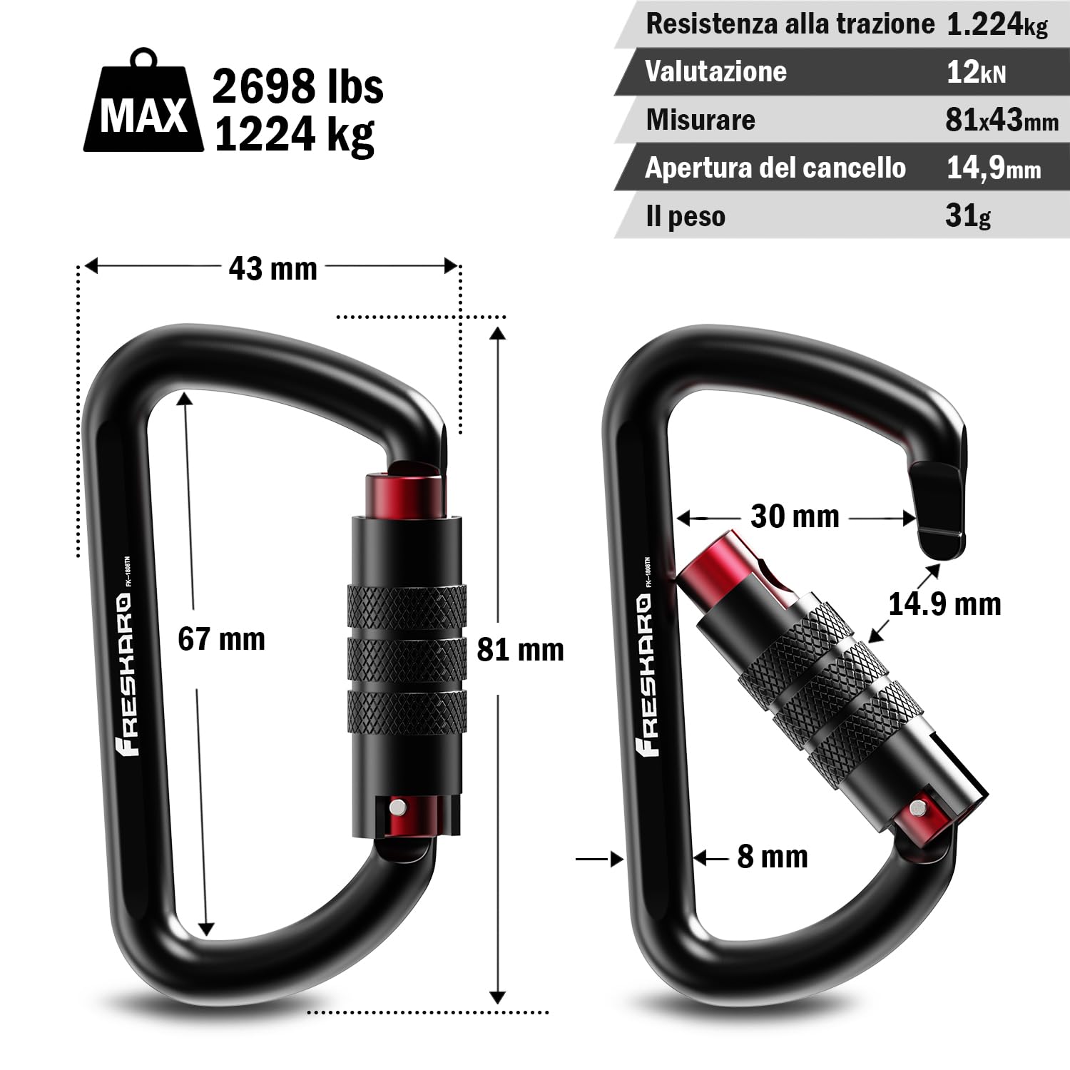 FresKaro Nuove Clip per Moschettone di Bloccaggio, Resistenza alla Trazione 1224 kg, Moschettoni in Alluminio, per Amache, Altalena Yoga, Campeggio, Portachiavi, chiusura di sicurezza per cani, 2pezzi