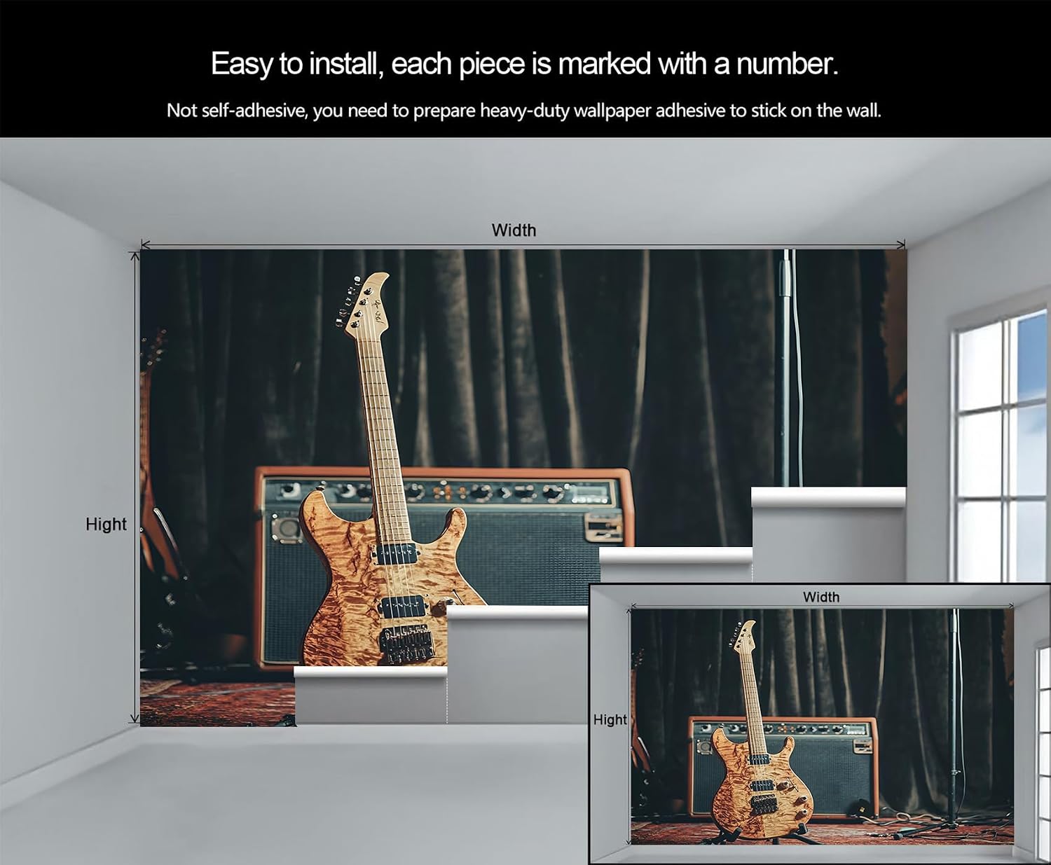 Stage Guitar Wallpaper Mural, Simple Guitar Photo Wall Mural, Wall Stickers Wallpaper for Boys Girls Music Lover Bedroom Bar Band Decor - 78.7" W x 55.1" H
