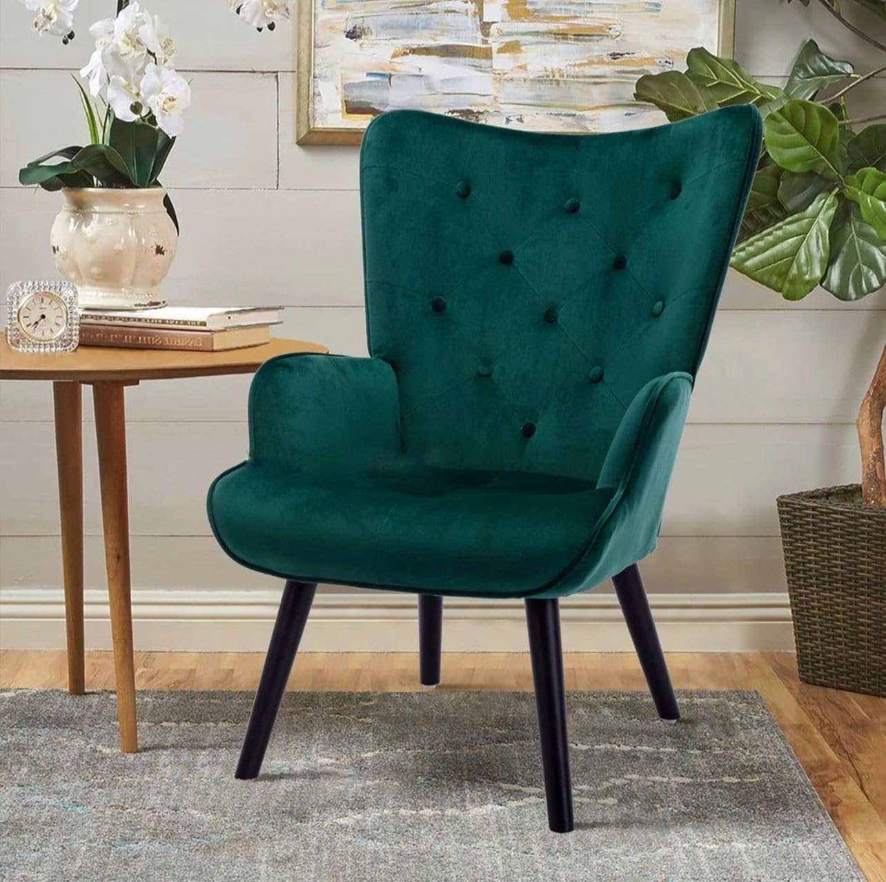 Modern Velvet Accent Chair Tufted Button Wingback Vanity Chair with Arms Upholstered Tall Back Desk Chair with Solid Wood Legs for Living Room Bedroom Waiting Room (Green)-image-24