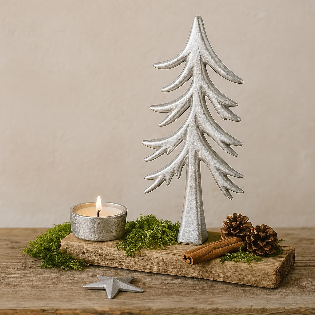 Portavelas Xmas 1, Plata, Juego de 2, Aluminio con Base de Madera, 20 cm