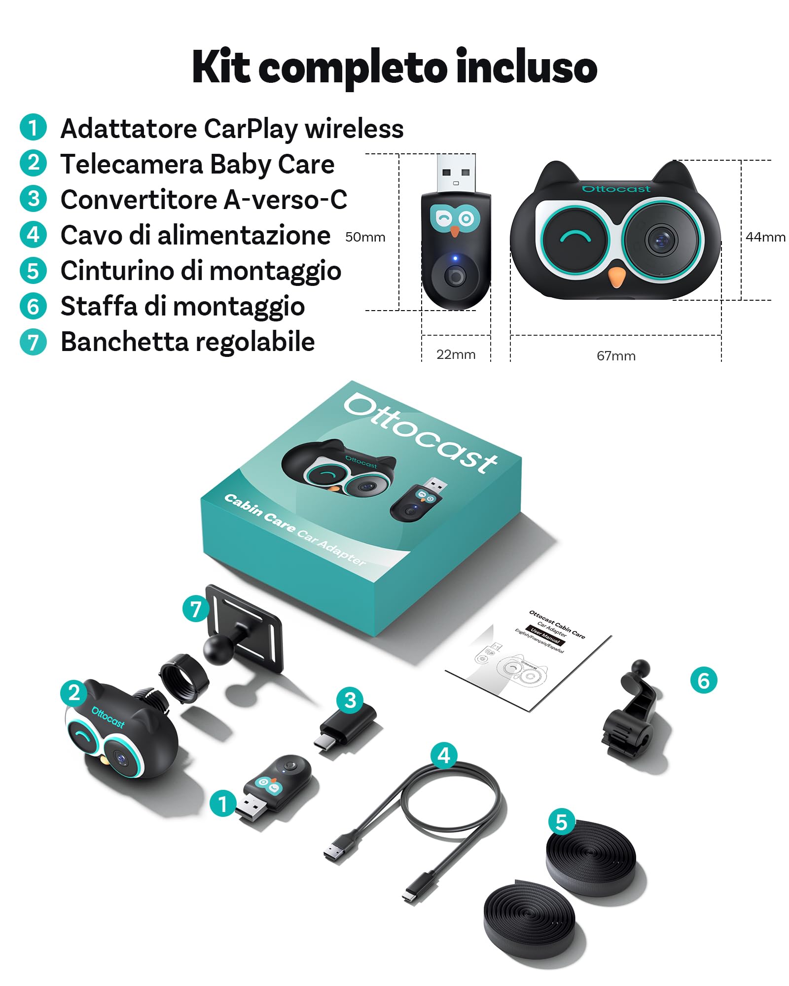 OTTOCAST Cabin Care 2026, 2-in-1 Adattatore CarPlay Wireless & Telecamera Bebè Auto 1080P, Visione Notturna IR, Grandangolo 150°, Monitor Sedile Posteriore, Compatibile con Auto CarPlay Cablate 2016+