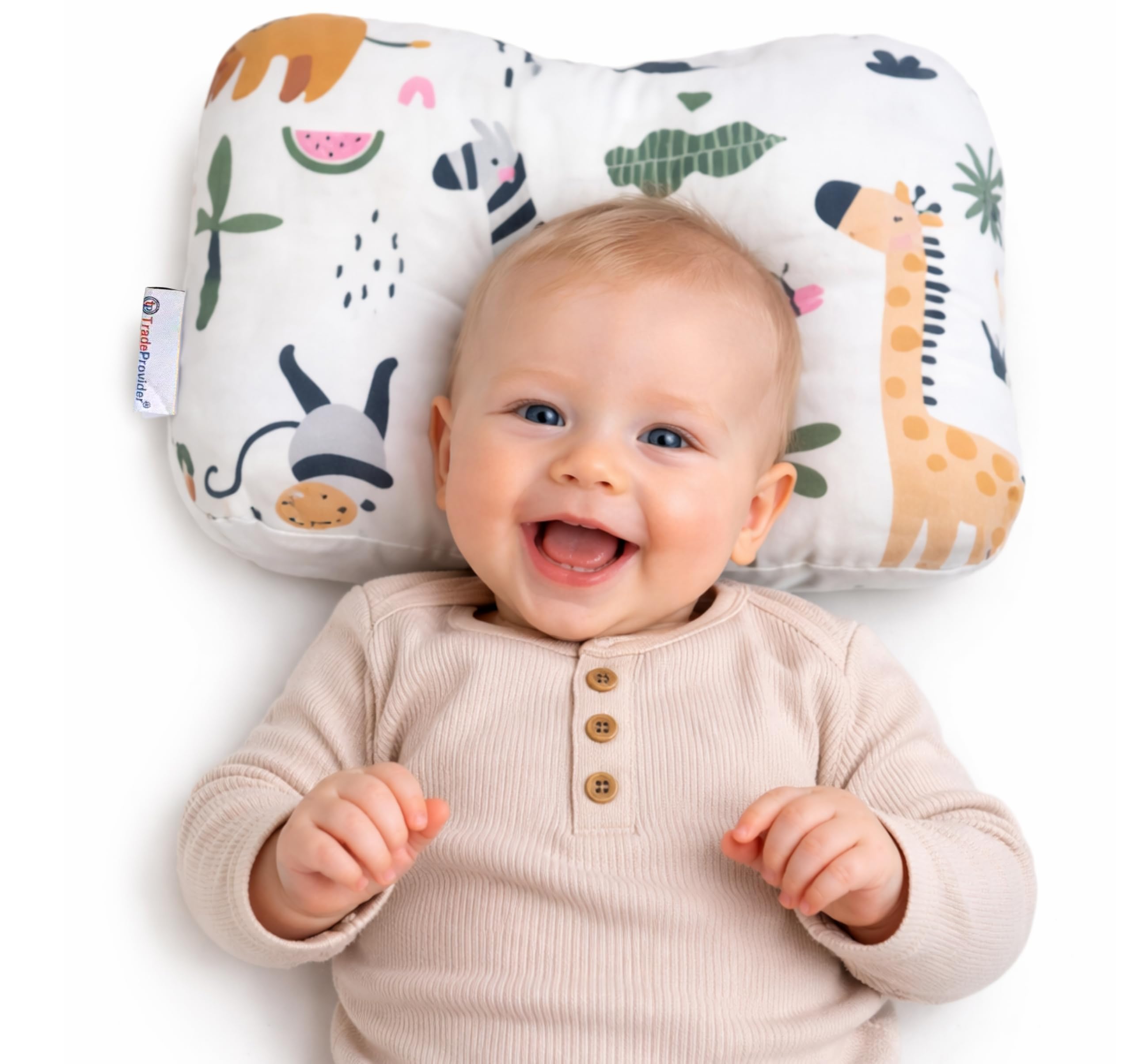 TradeProvider Baby Head Support Cushion for Pram, Pushchair, Stroller, Soft Breathable Cotton Infant Support Pad, Machine Washable Newborn Travel Headrest, Not for Sleep (Safari Adventure)