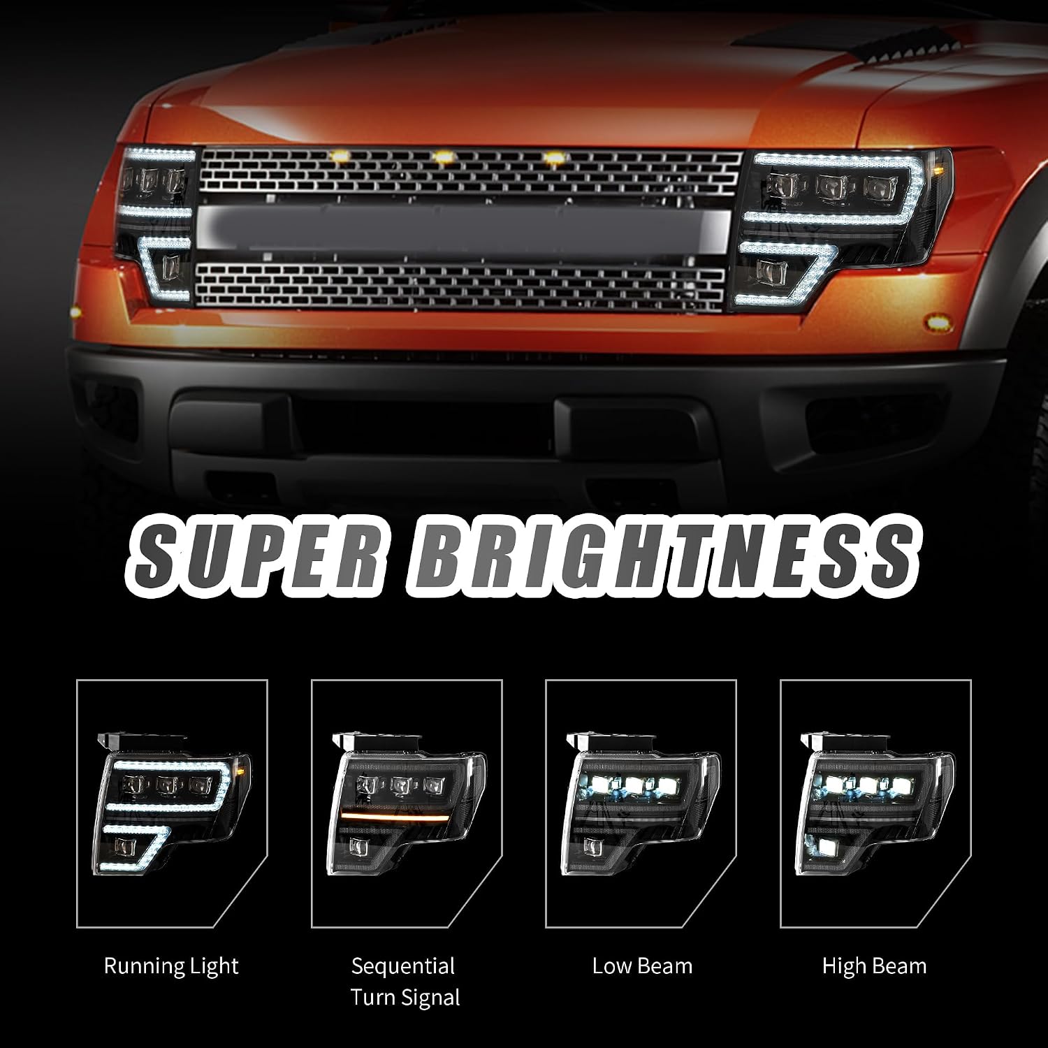 YUANZHENG Projector Headlights Compatible For 2009-2014 Ford F150 XL, STX, XLT, FX2, Lariat, FX4, King Ranch, SVT Raptor, Platinum W/Sequential Turn Signal, Startup Animation, Clear Reflector