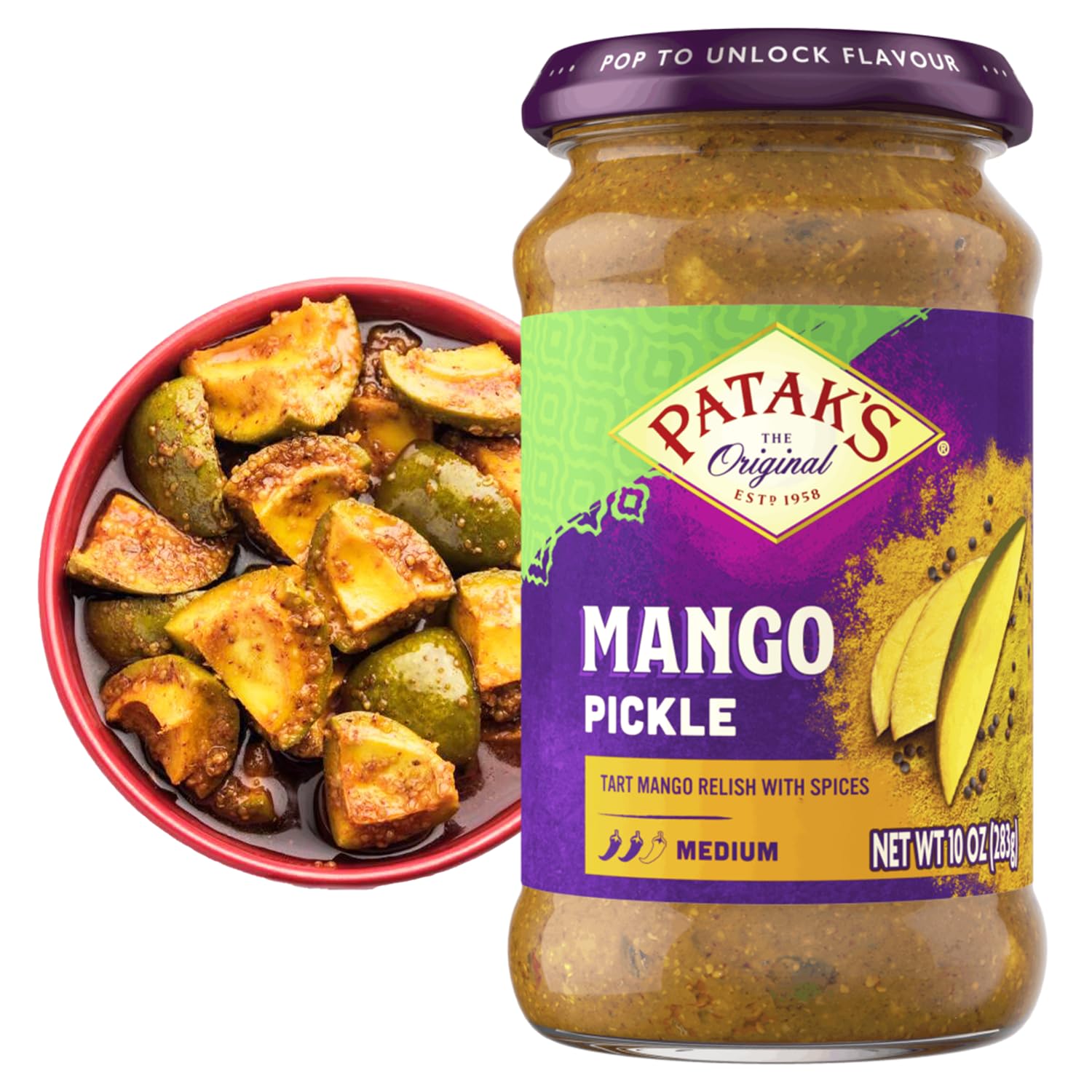Patak’s Medium Mango Pickle: Authentic Indian Achar with Real Mango Chunks, Aromatic Spices - Vegan, Gluten-Free 10oz Jar