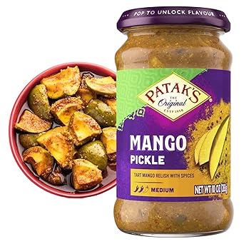 Pataks Medium Mango Pickle - Authentic Indian Relish with Mango Chunks & Aromatic Spices - Perfect with Naan, Pappadum, Sandwiches & Salads - Vegan Spicy Pickle - 10oz Jar Pack of 1