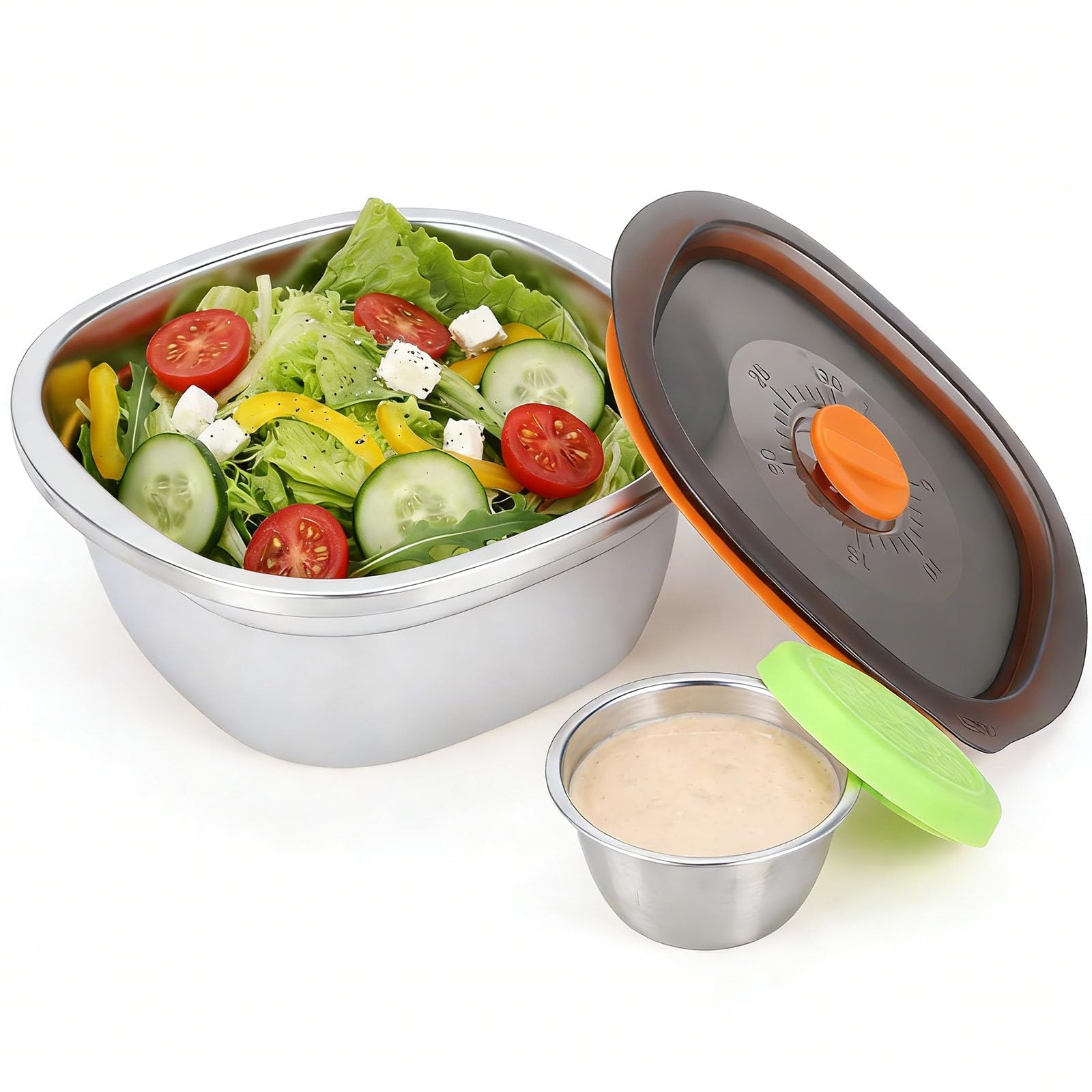Punorric Salad Lunch Box 1500ml Stainless Steel Bowls with Lids, Airtight Salad Bowl with Dipping Container and Time Record, Oven Dishwasher Safe Salad Pod for Home Kitchen, Picnics