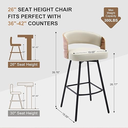 Miniatura 2 de Juego de 2 taburetes de bar giratorios de madera curvada de 26 pulgadas de altura de mostrador, taburetes de bar tapizados de piel sintética con