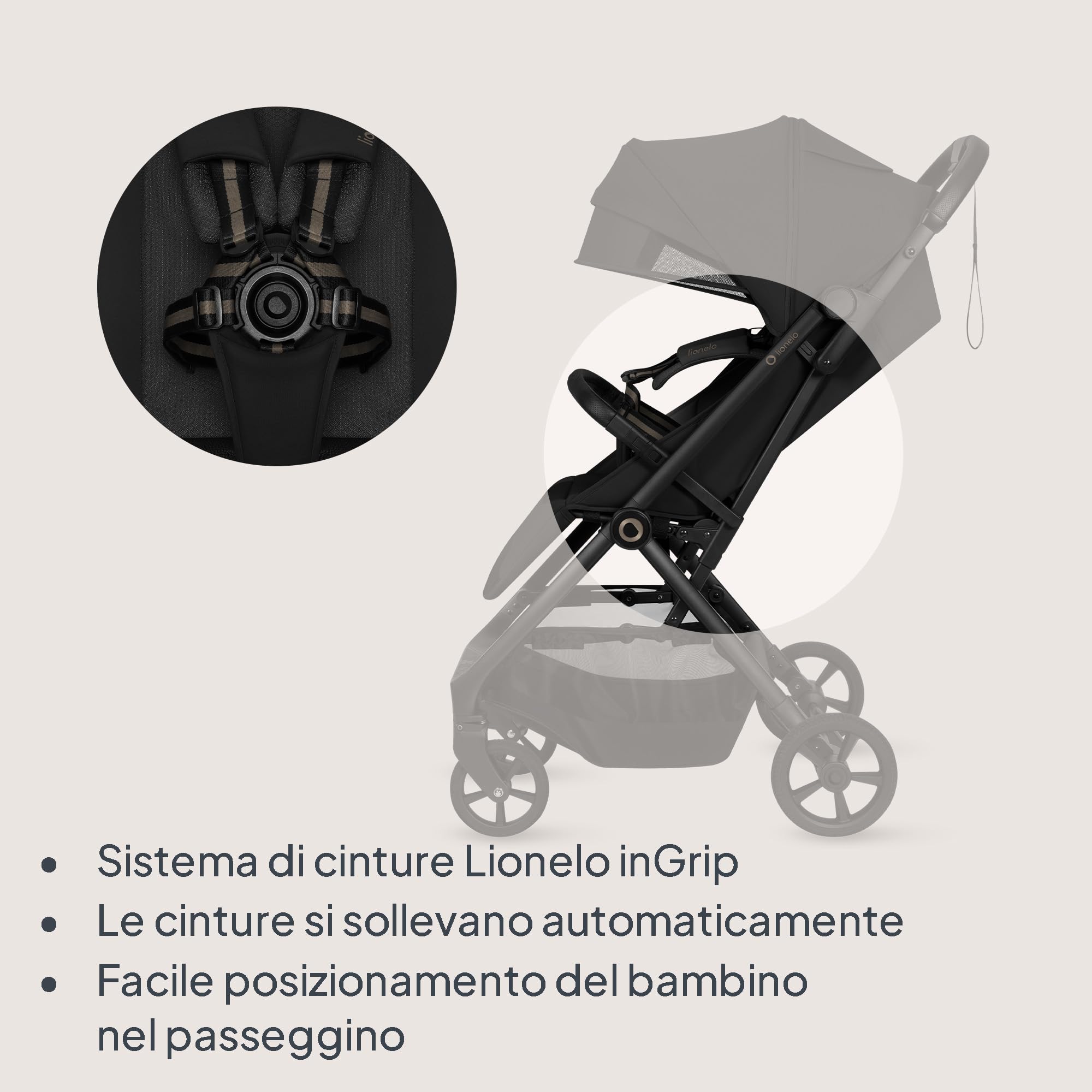 Lionelo TANSI Passeggino Leggero Compatto fino a 22 kg Pieghevole con Chiusura Automatica a una Mano, Ruote GravelTech Ammortizzate, Schienale Reclinabile, Cappottina Ventilata, Dri Seat Traspirante