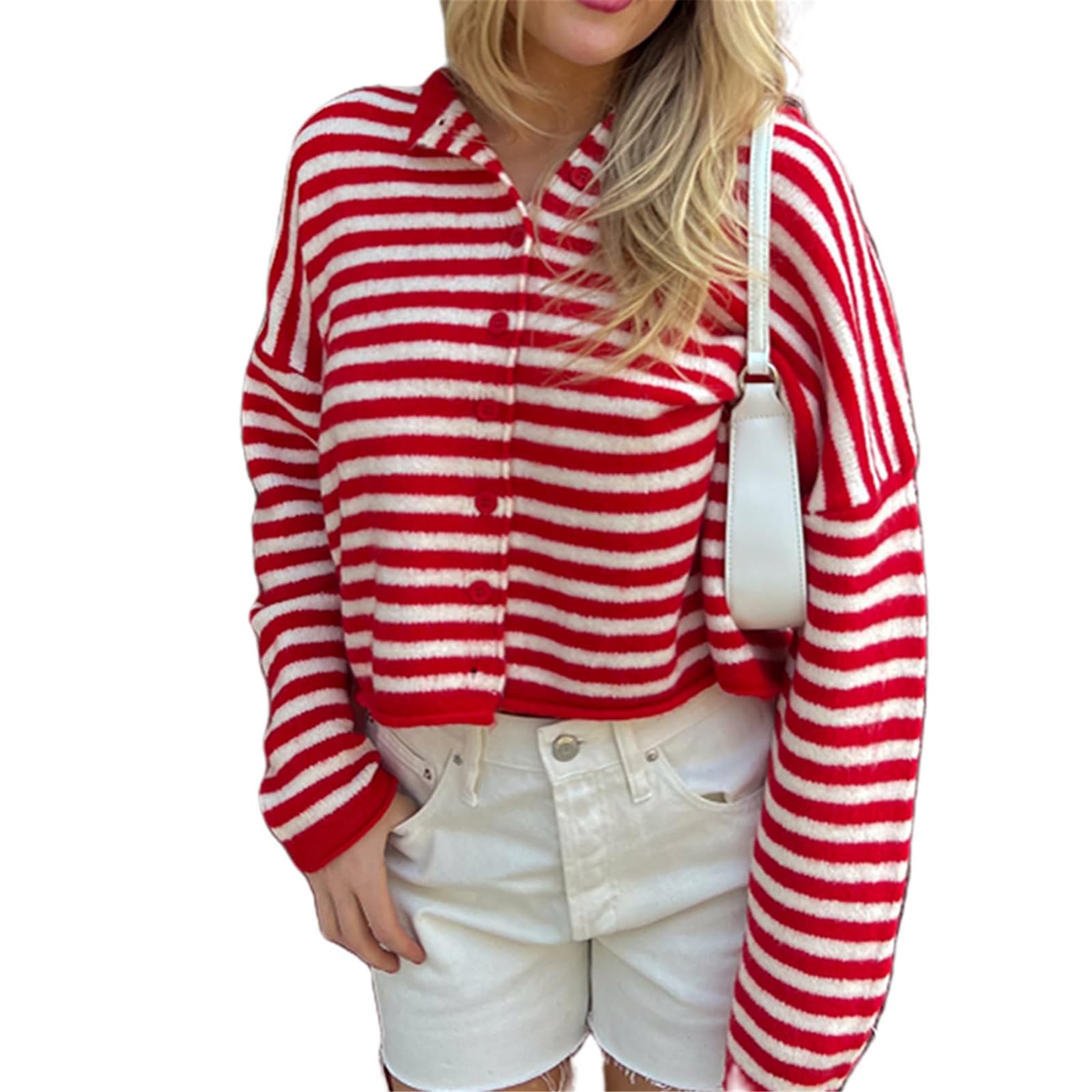 Women Striped Cardigan Sweaters Long Sleeve Button Down Loose Knitted Tops Y2k Vintage Open Front Jumper Fall Coats