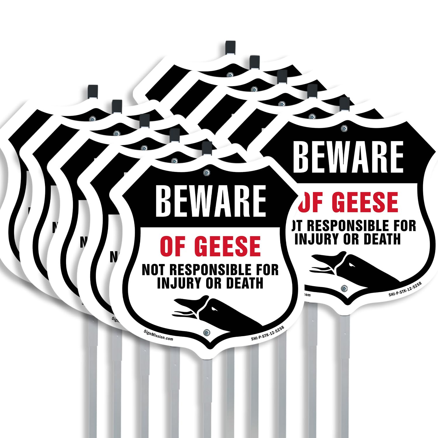 Beware Of Geese Not Responsible For Injury Or Death (10 Pack) 12 inch X 12 inch Shield Shaped Rust-Free Aluminum Metal Signs with Aluminum Mounting