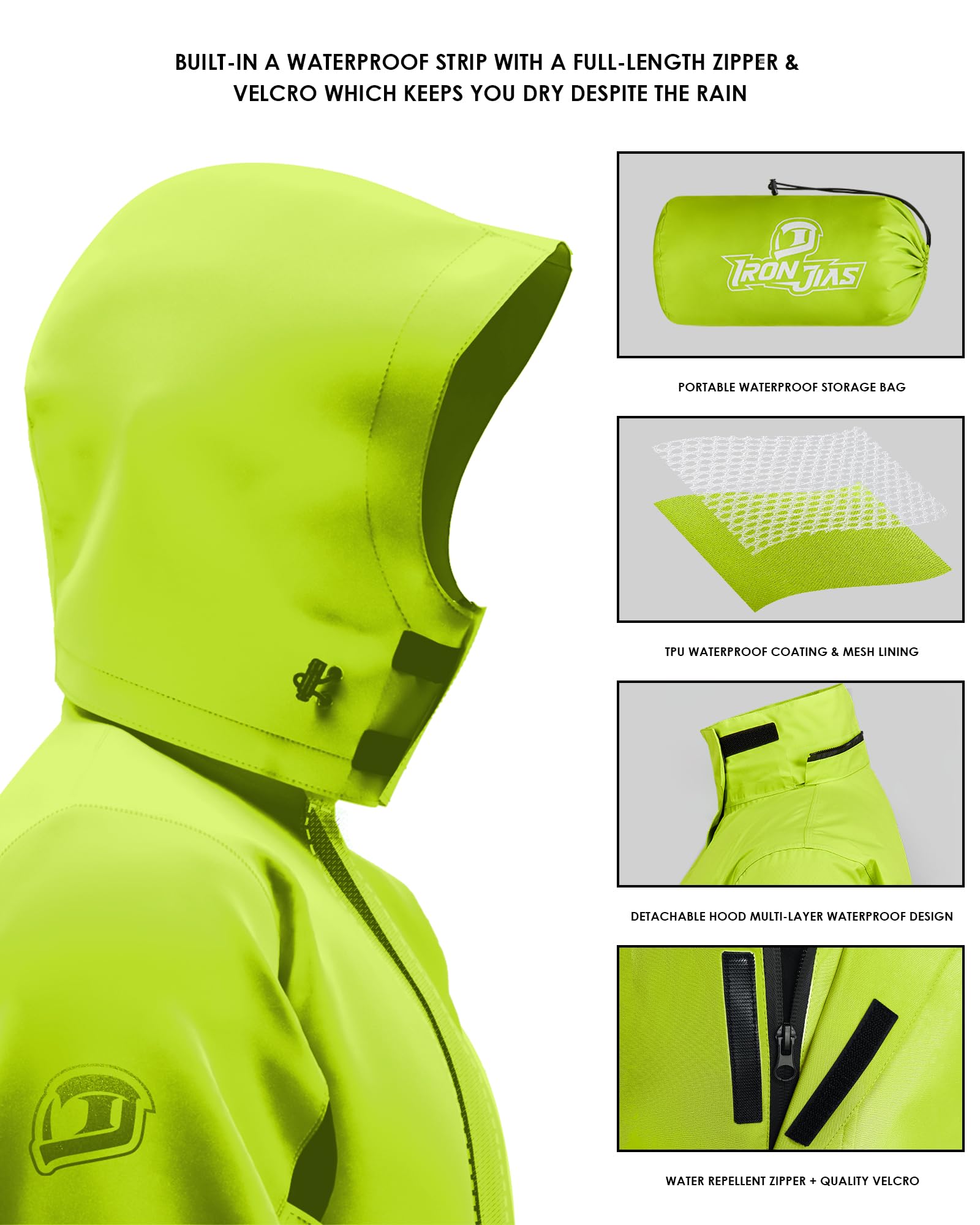 IRON JIA’S Regenanzug Herren Motorrad Regenjacke Wasserdichter Winddicht Atmungsaktiver Reflektierender mit Kapuze mit Reißverschluss Hochwertige Outdoor Regenmantel-Grün-XXL