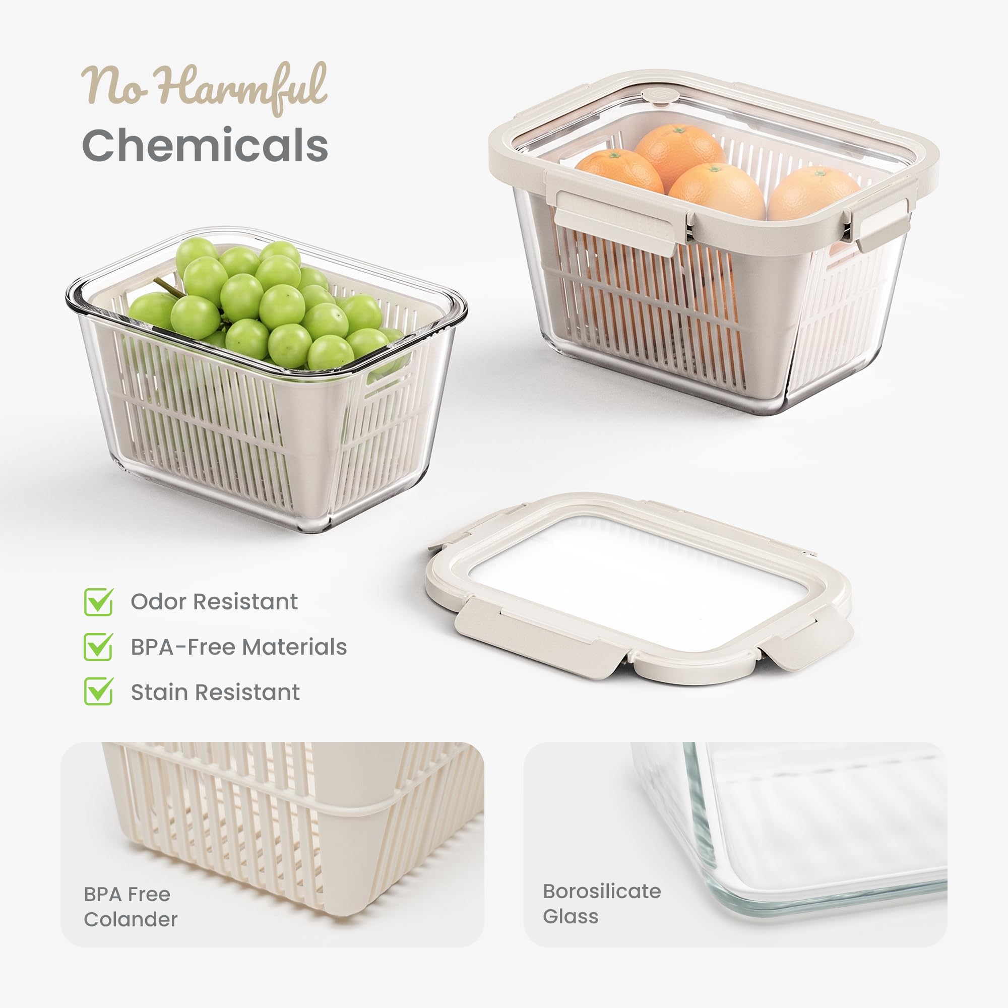 GENICOOK Glas Frischhaltdosen Vorratsdosen Set, Obst & Gemüse Aufbewahrung mit Deckel, luftdicht, Kühlschrank Organizer, BPA-frei,2,4L(Glasdeckel mit & Belüftung) &1,8L(Silikondeckeln) Glasbehälter