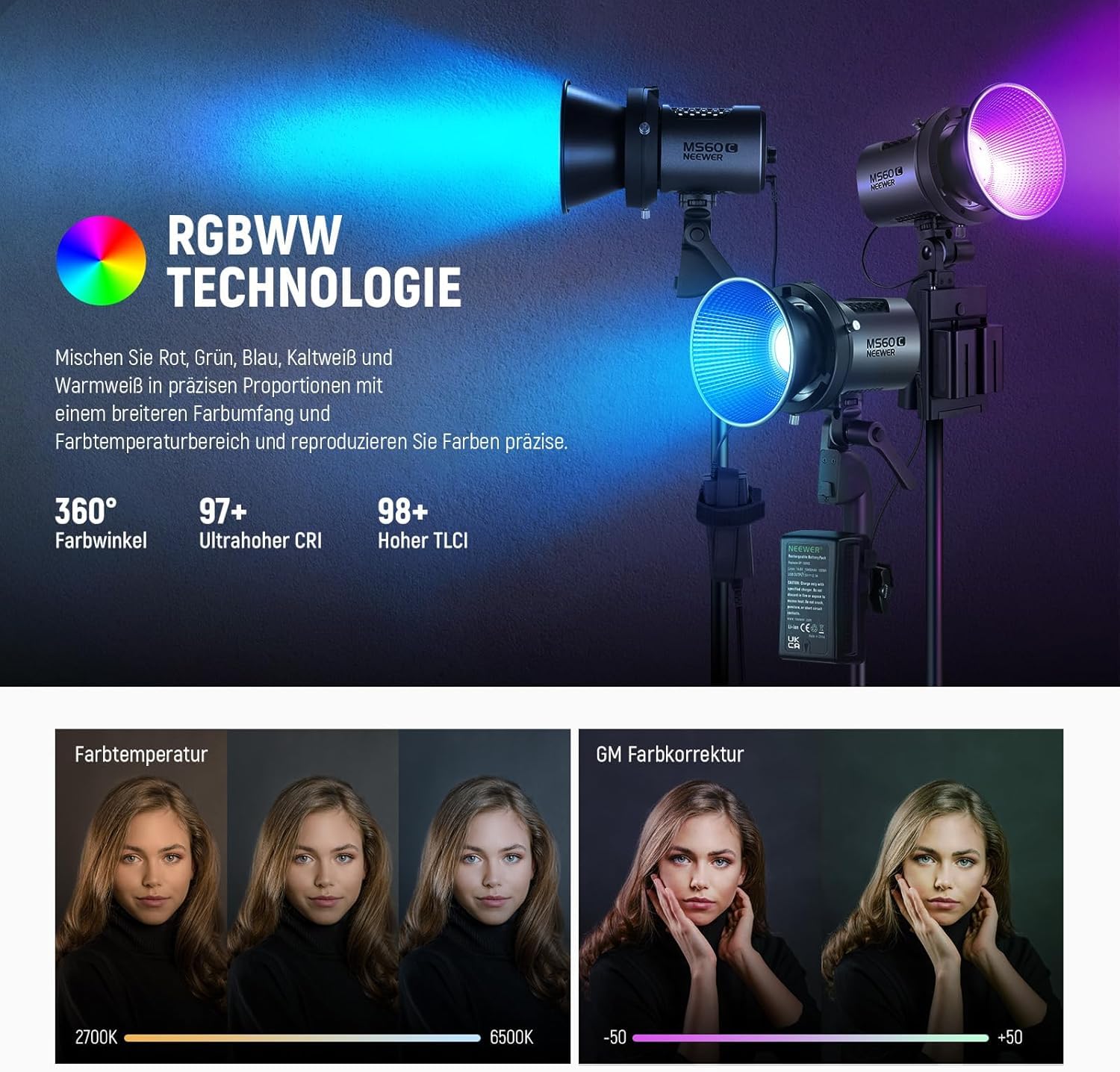 NEEWER MS60C RGBWW LED Videoleuchte Studiolicht 2,4G/APP Steuerung, 65W Ganzmetall Mini Kompakt RGB COB Studio Dauerlicht 2700K-6500K/8300lux@1m/CRI 97+/TLCI 98+/17 Effekte + RGBCW Bowens Halterung