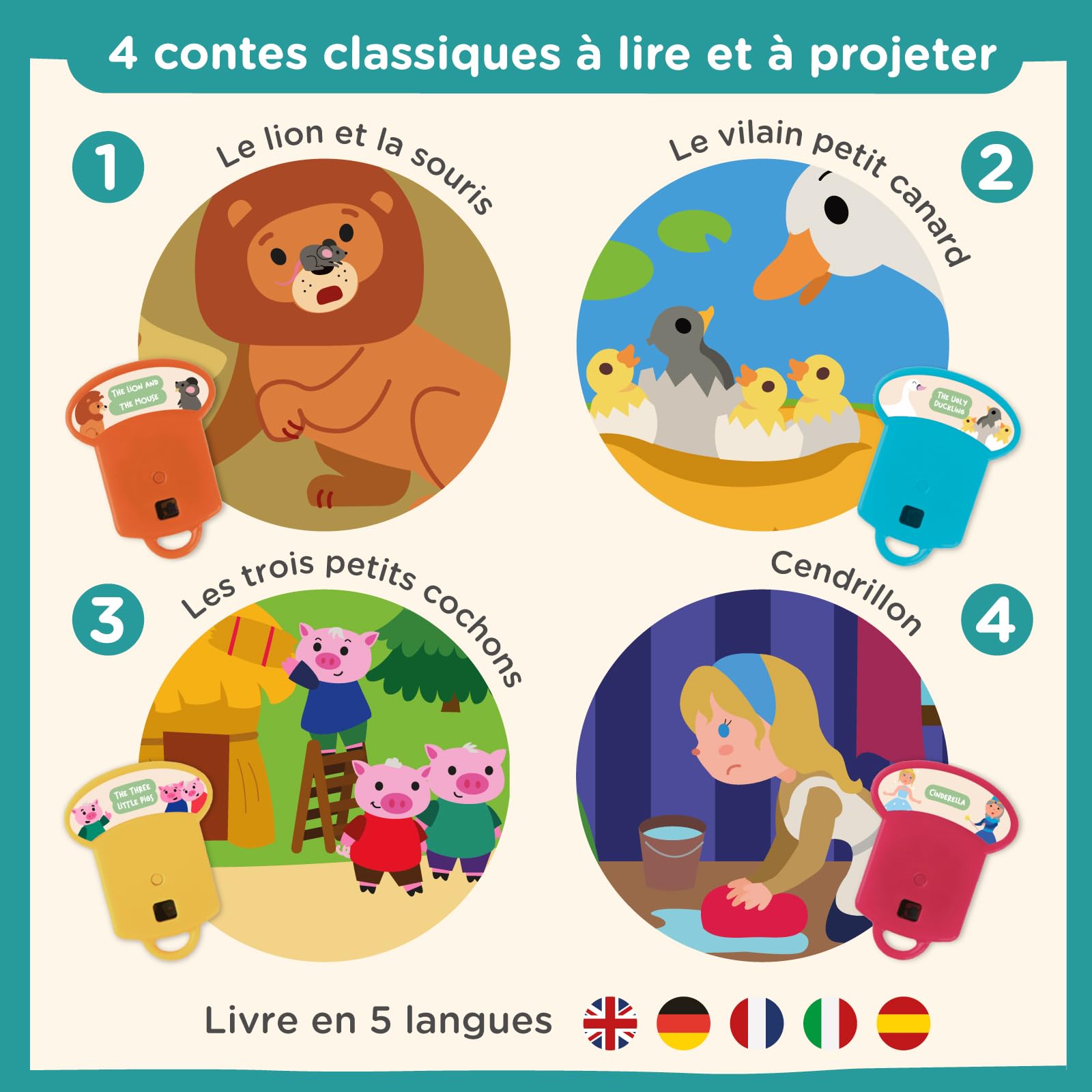 Nene Toys Livre de Contes avec Projecteur Lampe Torche & Marionnettes d’Ombres pour Enfants dès 3 Ans – 4 Histoires Classiques en 5 Langues, Coffret d’Histoires du Soir