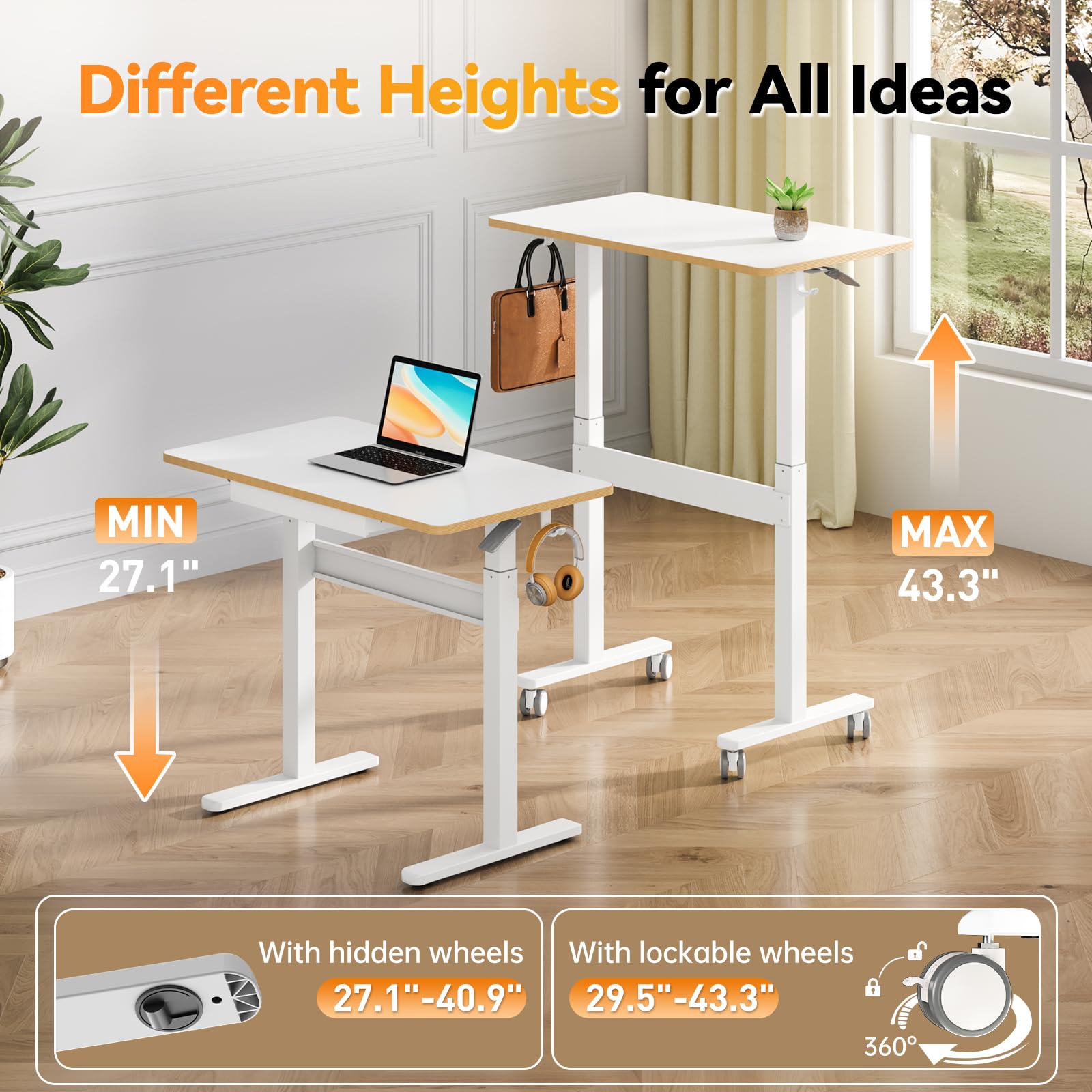 JOY worker Mobile Standing Desk 35In Small Height Adjustable Desk with Drawer Rolling Treadmill Desk Workstation with Wheels — view 3