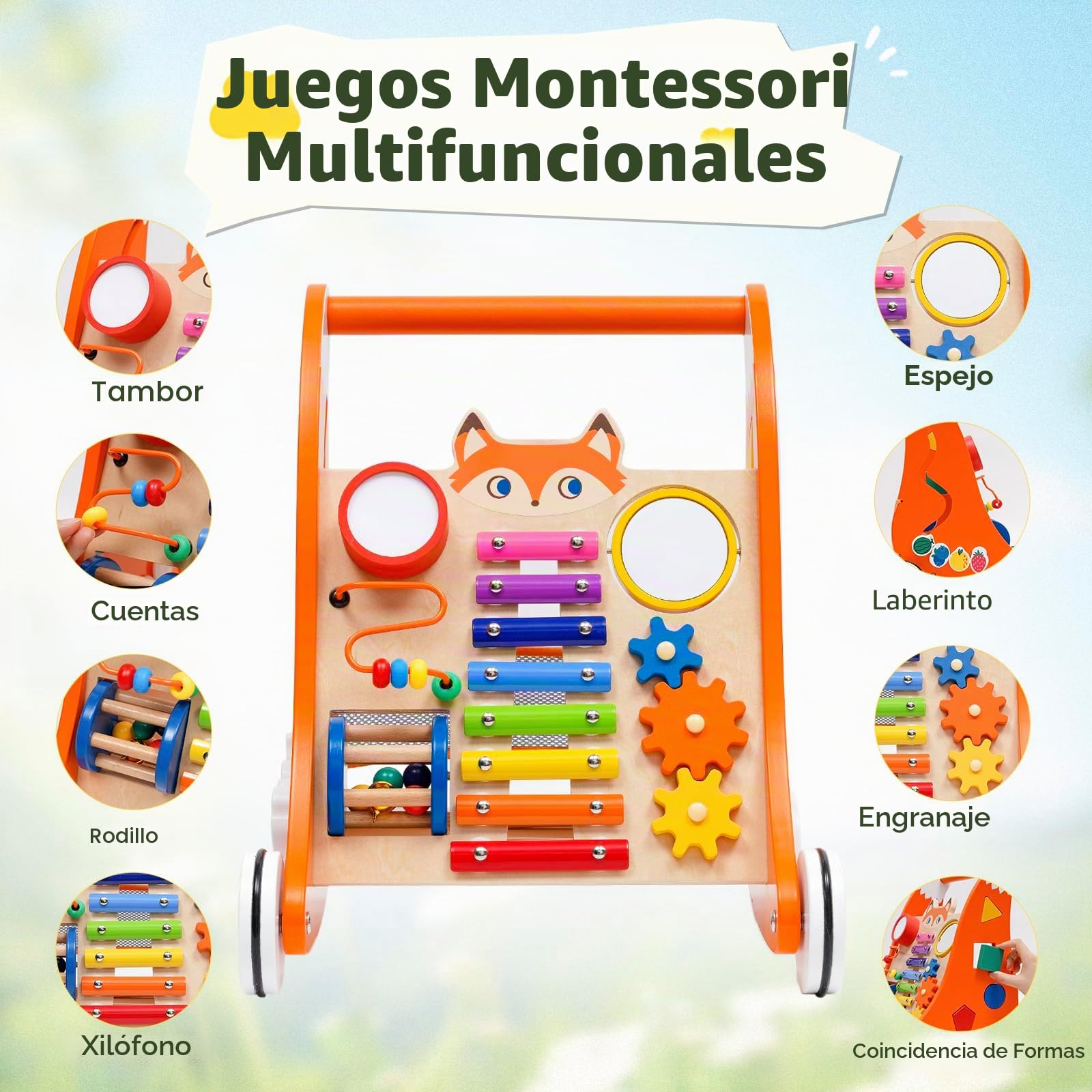 Andador de madera para niños pequeños, multifuncional con tablero de juegos y música, Andador divertido para bebés, con centro de actividades de juguete de madera