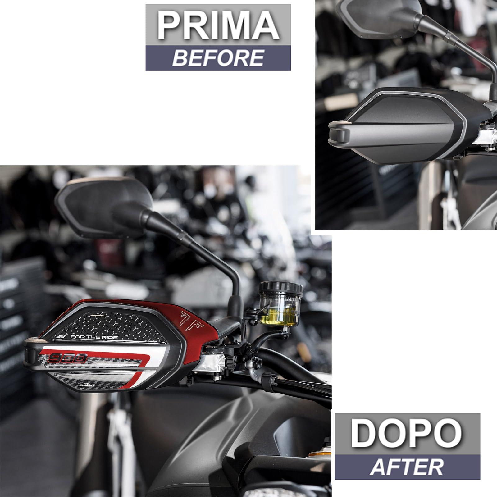 Resin Bike Adhesivos de Moto Compatibles con Triumph Tiger 900 2024. Protección Paramanos de Choques y Arañazos de Moto. Pegatinas 3D Resinadas Made in Italy