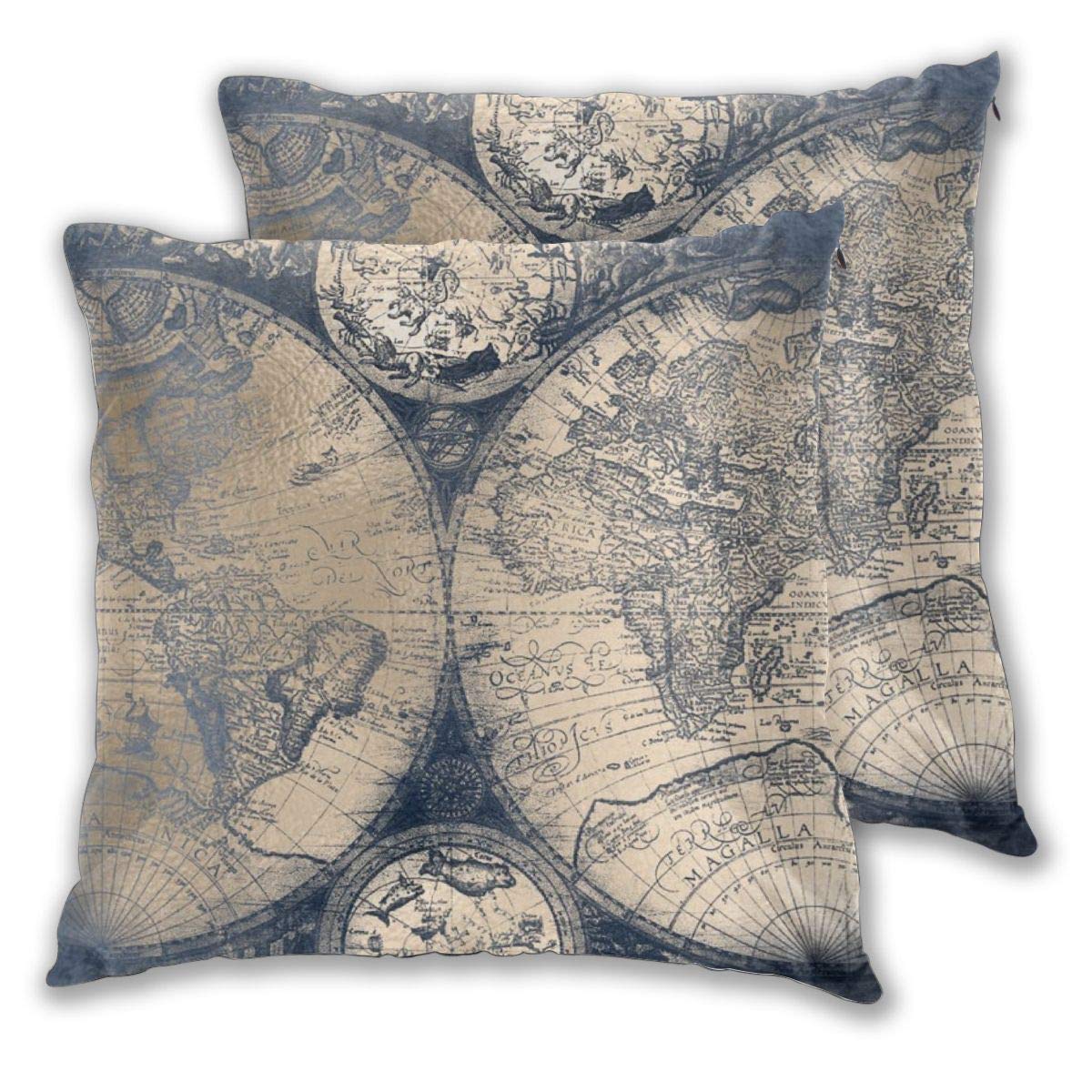Myhou One Color Antique World Map Champagne Gold Navy Blue Cushion Covers 18X18 Inch Soft Square Decorative Throw Pillowcases For Livingroom Sofa Bedroom 45Cmx45cm,Pack Of 2