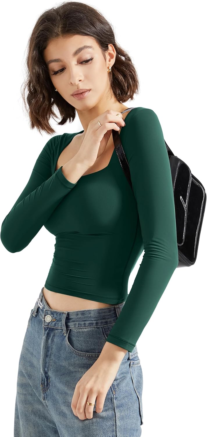 SUUKSESS Women Square Neck Long Sleeve Tops Double Lined Going Out T Shirts - Image 3