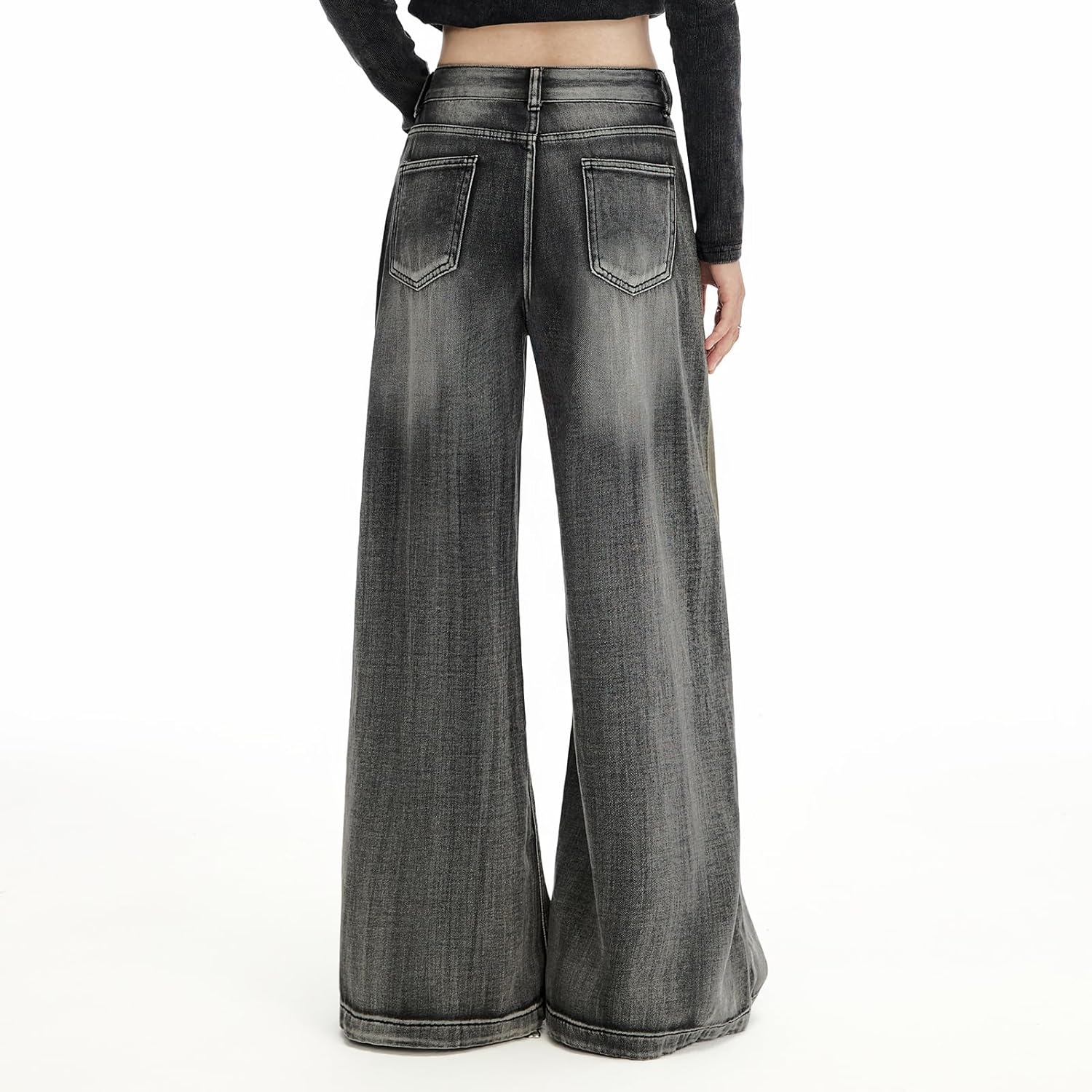 [UNIFREE STUDIO] ワイドデニムパンツレディース夏のグレーファッションジーンズ水洗い生地ダメージジーンズレディースグレ