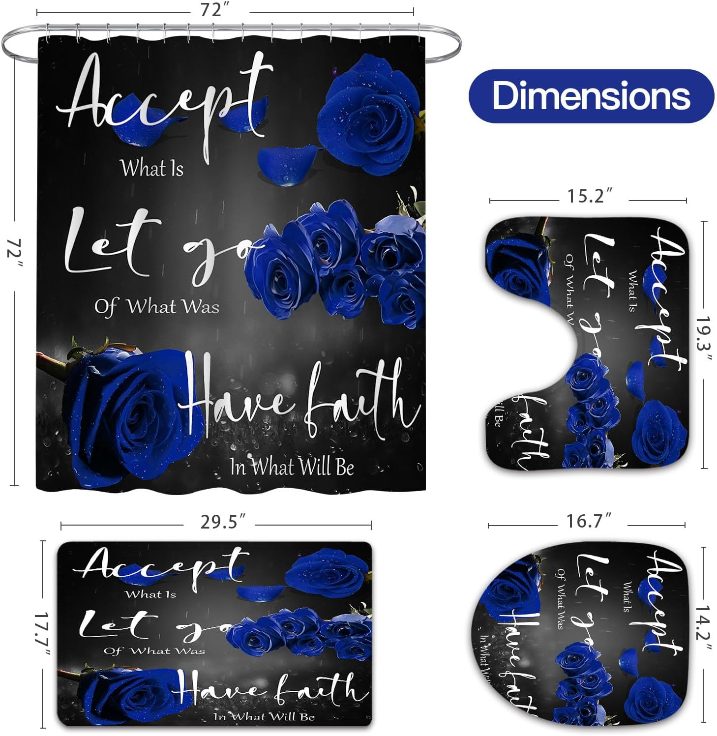 4 Pcs Blue Rose Shower Curtain Sets with Non-Slip Rug, Toilet Lid Cover and Bath Mat, Thankful Grateful Blessed Black Blue Retro Elegant Shower Curtain Valentine's Day Bathroom Set(Hooks Not Included)