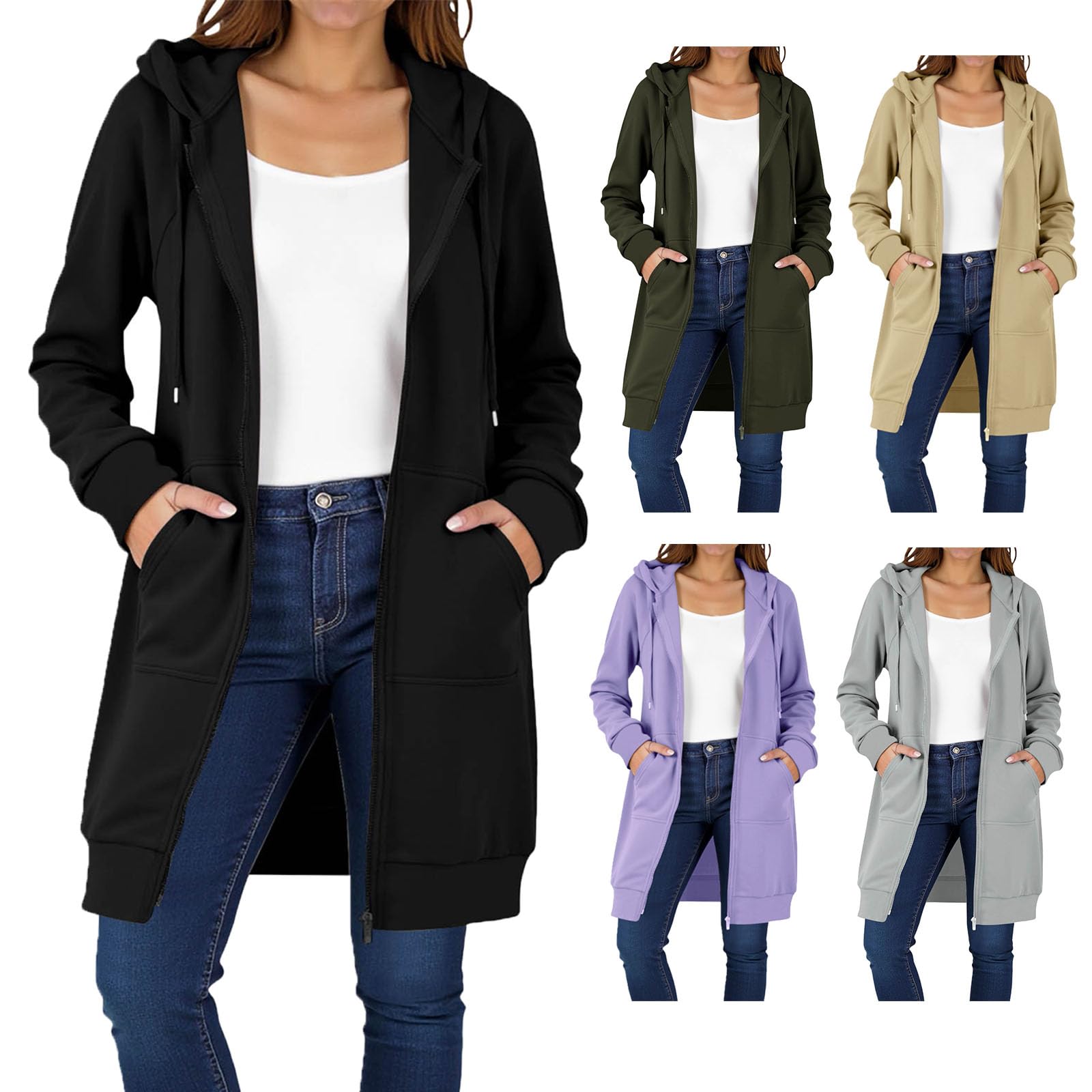 Générique Sweat Long à Capuche Zippé Femme Manteau Automne Hiver Chaud Sweatshirt Uni Rétro Veste Manches Longues Légère Décontractée Pull Comfortable avec Poches Hoodies