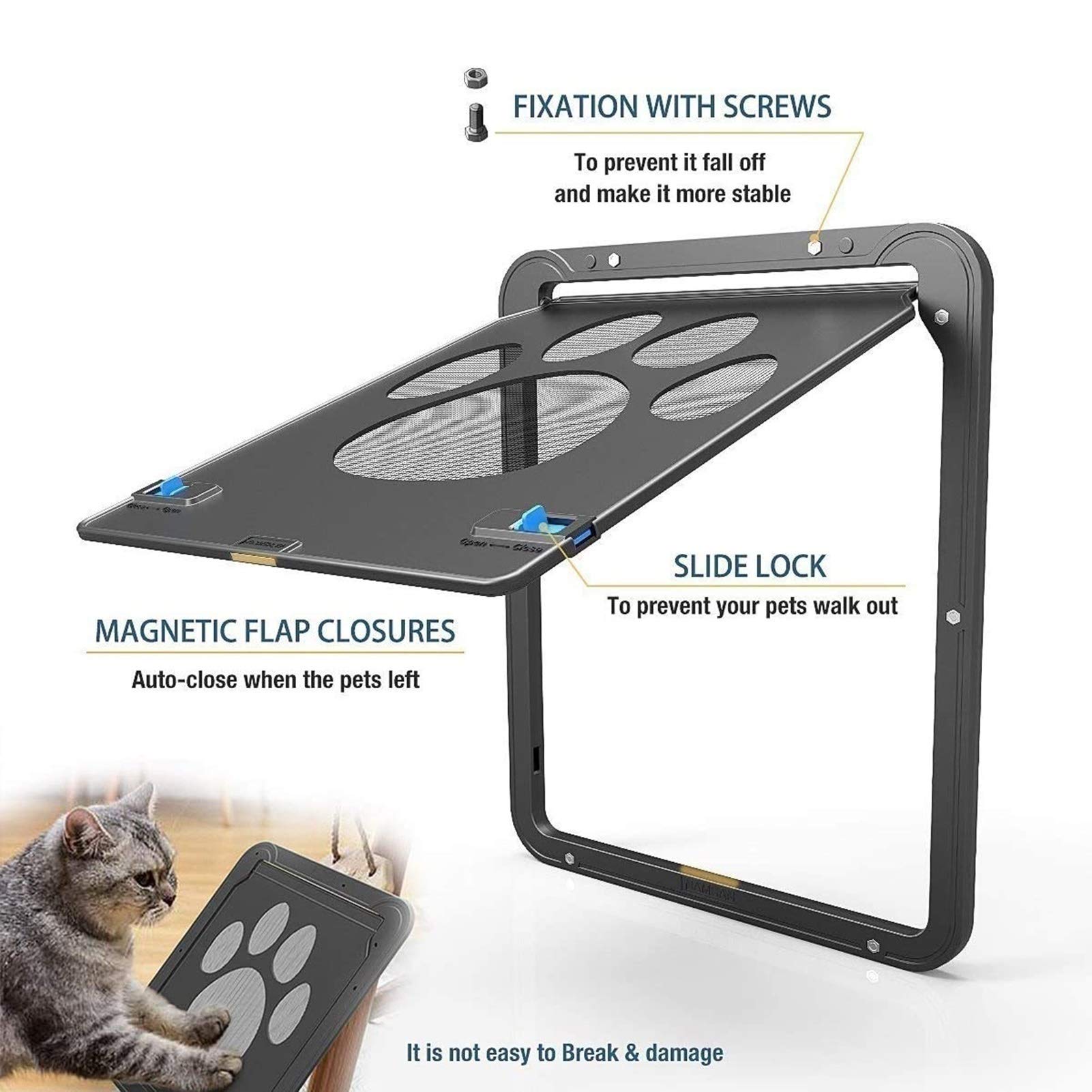 Chatières HUA Porte pour Animaux De Compagnie/Chatière Facile À Installer, Porte Coupe-Vent pour Animaux De Compagnie avec Aimant De Verrouillage, pour Fenêtres Et Portes Grillagées, 2 Tailles