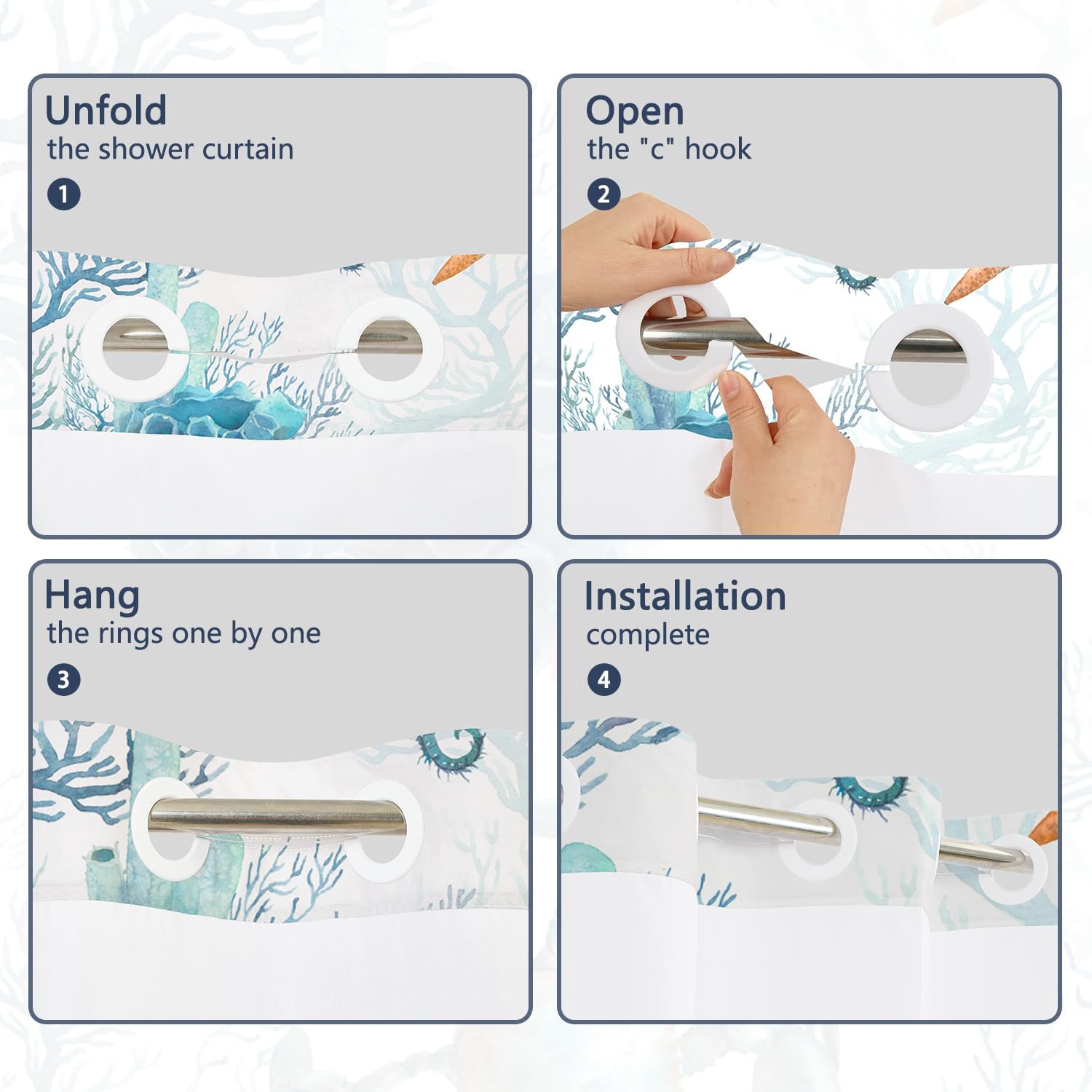 Nautical Coastal No Hook Shower Curtain and Liner Set, Waterproof Fabric Hotel Style Shower Curtain with Mesh Top Window and Weighted Hem, Blue Ocean Crab Coral Theme Bathroom Curtains, 71x74 Inch