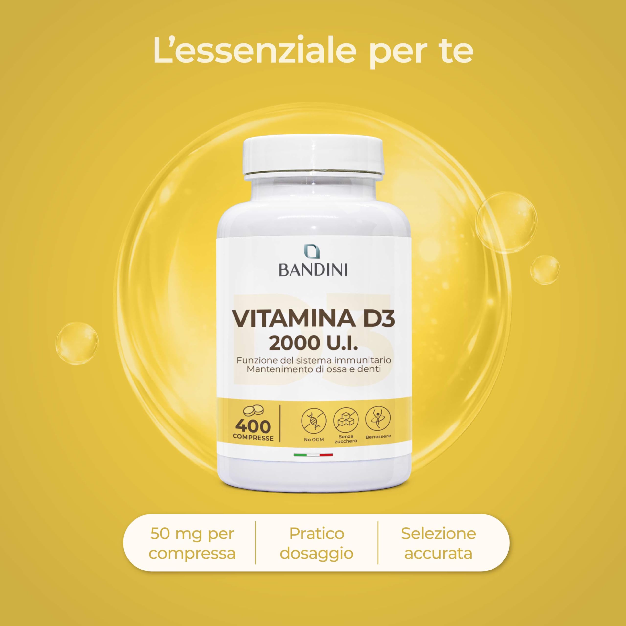 Bandini® Vitamina D 60.000 UI/mese 400 Compresse (+1 Anno), Difese Immunitarie, Salute di Ossa, Denti e Muscoli, Metabolismo del Calcio, 50 mcg di Colecalciferolo, Vitamin D3 Pura ad Alto Dosaggio